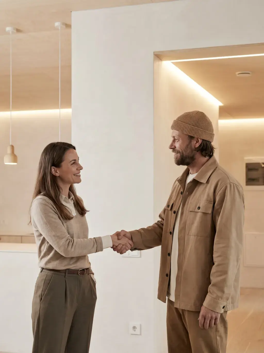 Poignée de main entre une cliente et un électricien dans un intérieur lumineux fraîchement rénové
