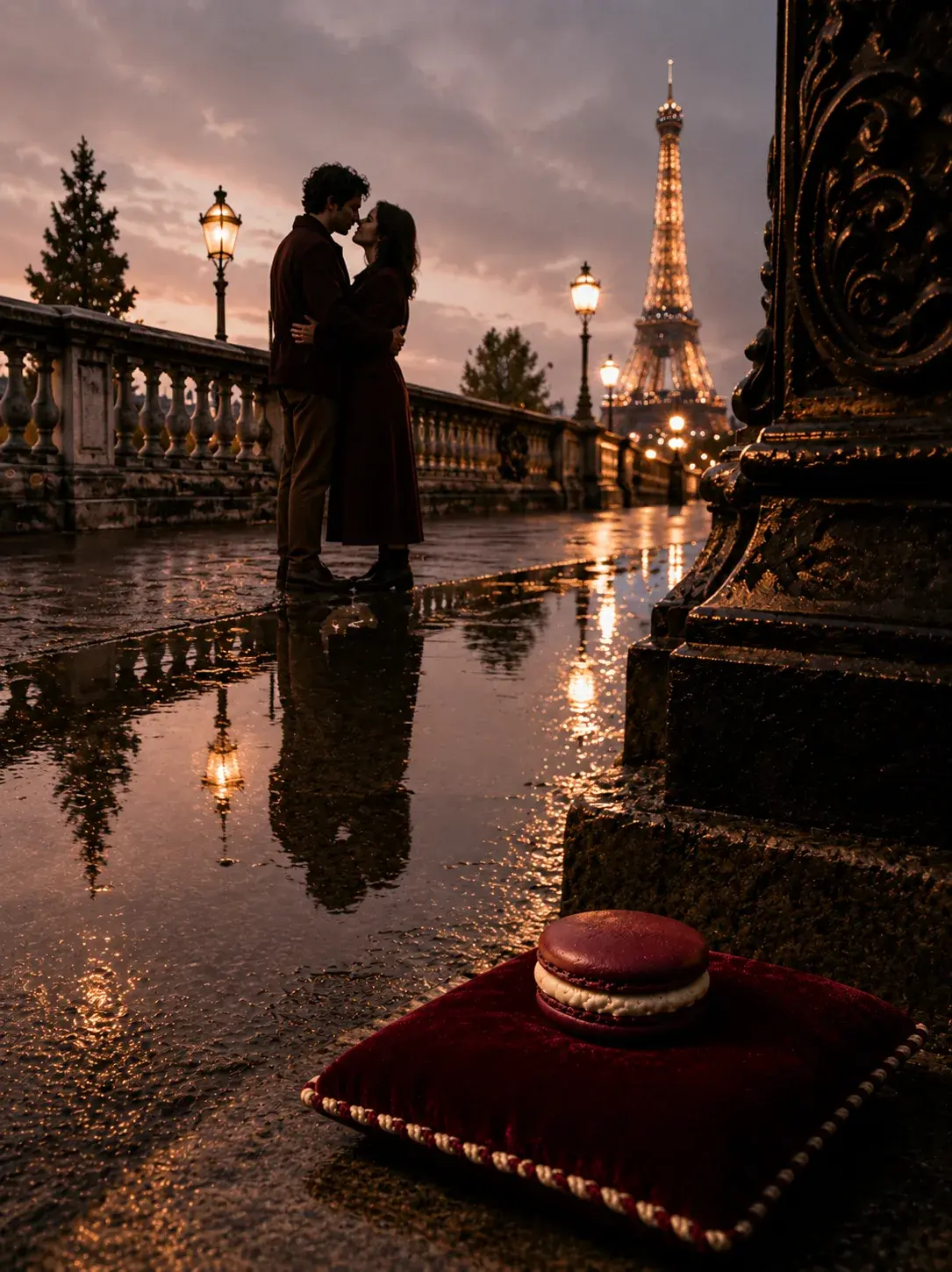 Pont Alexandre III sous la pluie au crépuscule, couple s'embrassant, reflets dans les flaques, macaron rouge sur coussin velours au premier plan, Tour Eiffel illuminée