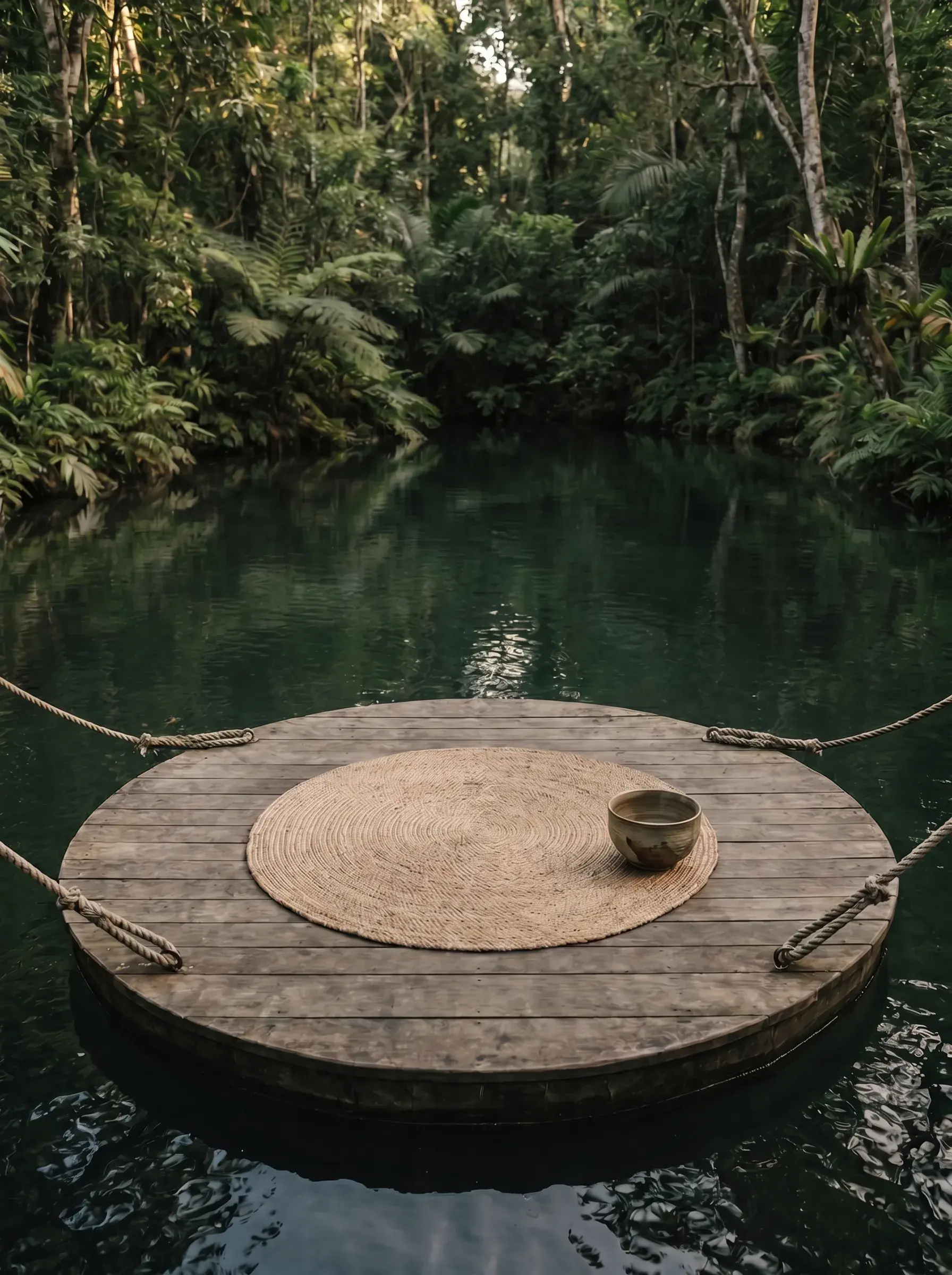 Ponton flottant circulaire en bois avec natte tressée et bol zen sur rivière tropicale, jungle verte