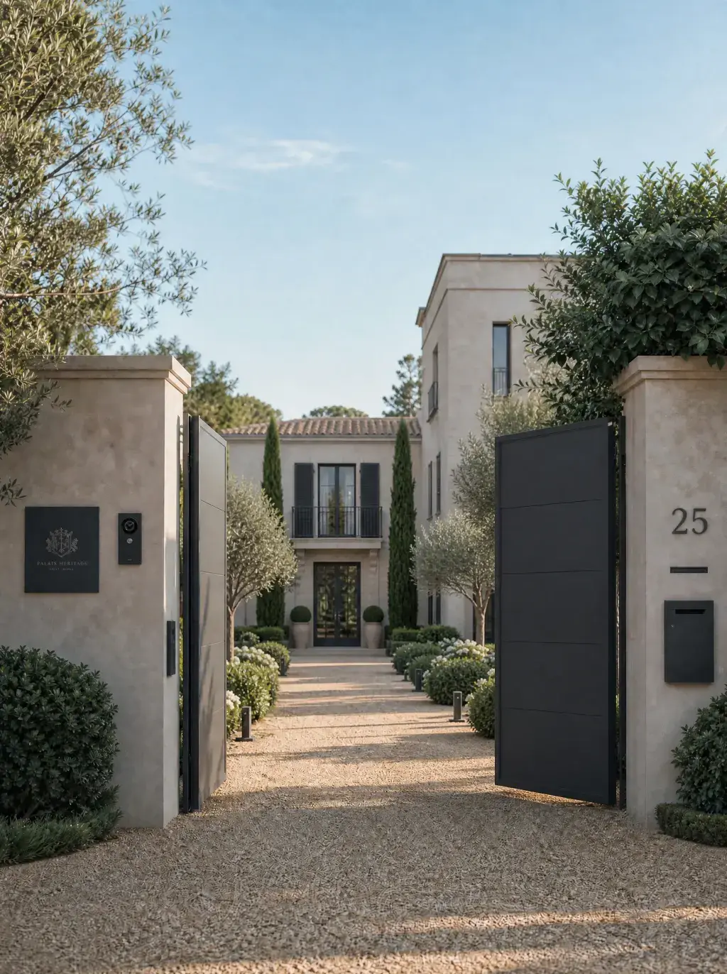 Portail de villa provençale ouvert sur allée en gravier avec cyprès, oliviers et façade enduite beige