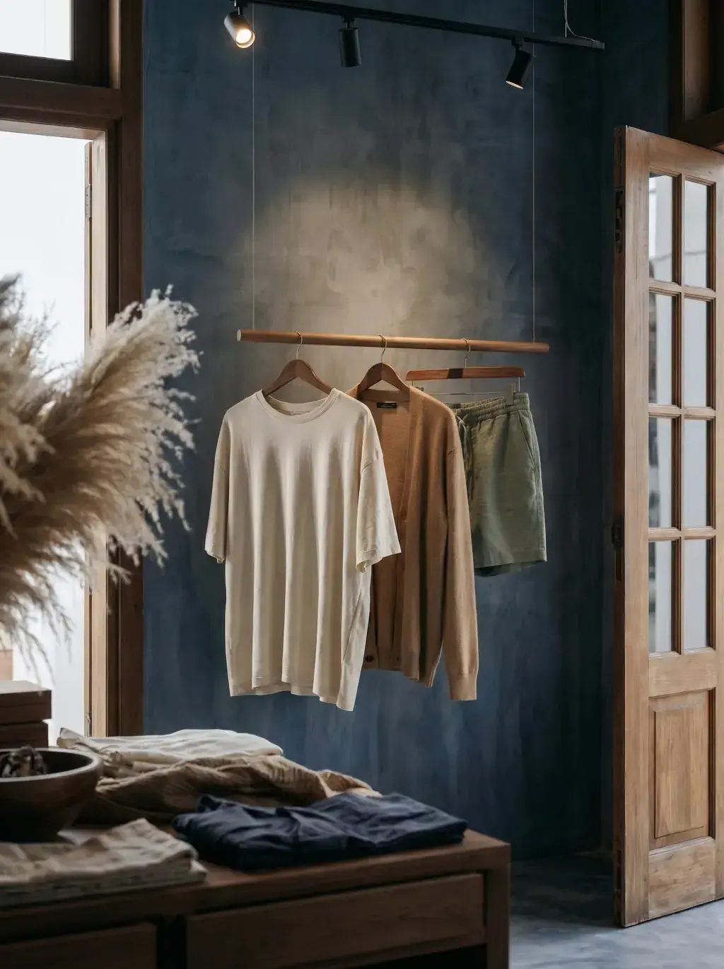Portant suspendu avec t-shirt et pull dans une boutique