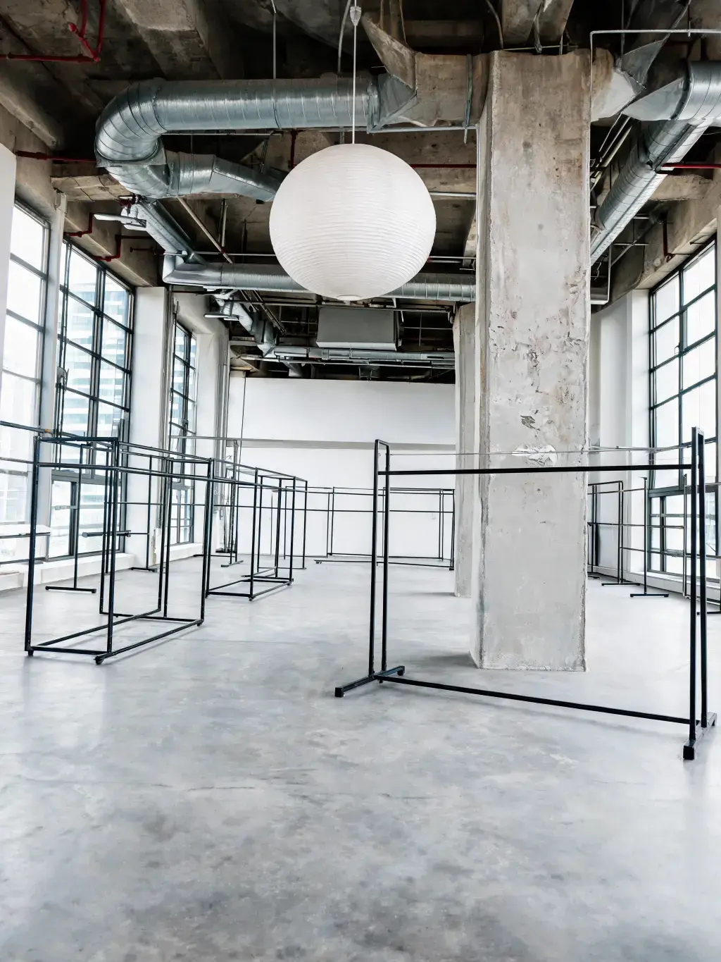 Portants métalliques vides dans loft épuré – lampe globe, pilier béton, grandes fenêtres industrielles