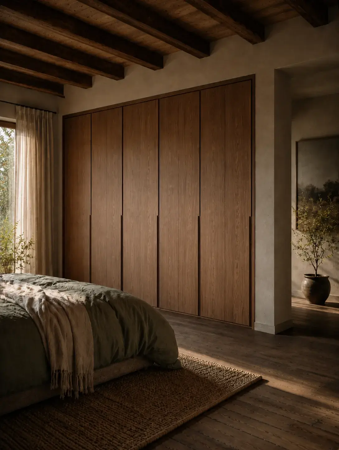 Portes de dressing en panneaux de bois naturel dans une chambre minimaliste aux tons chauds