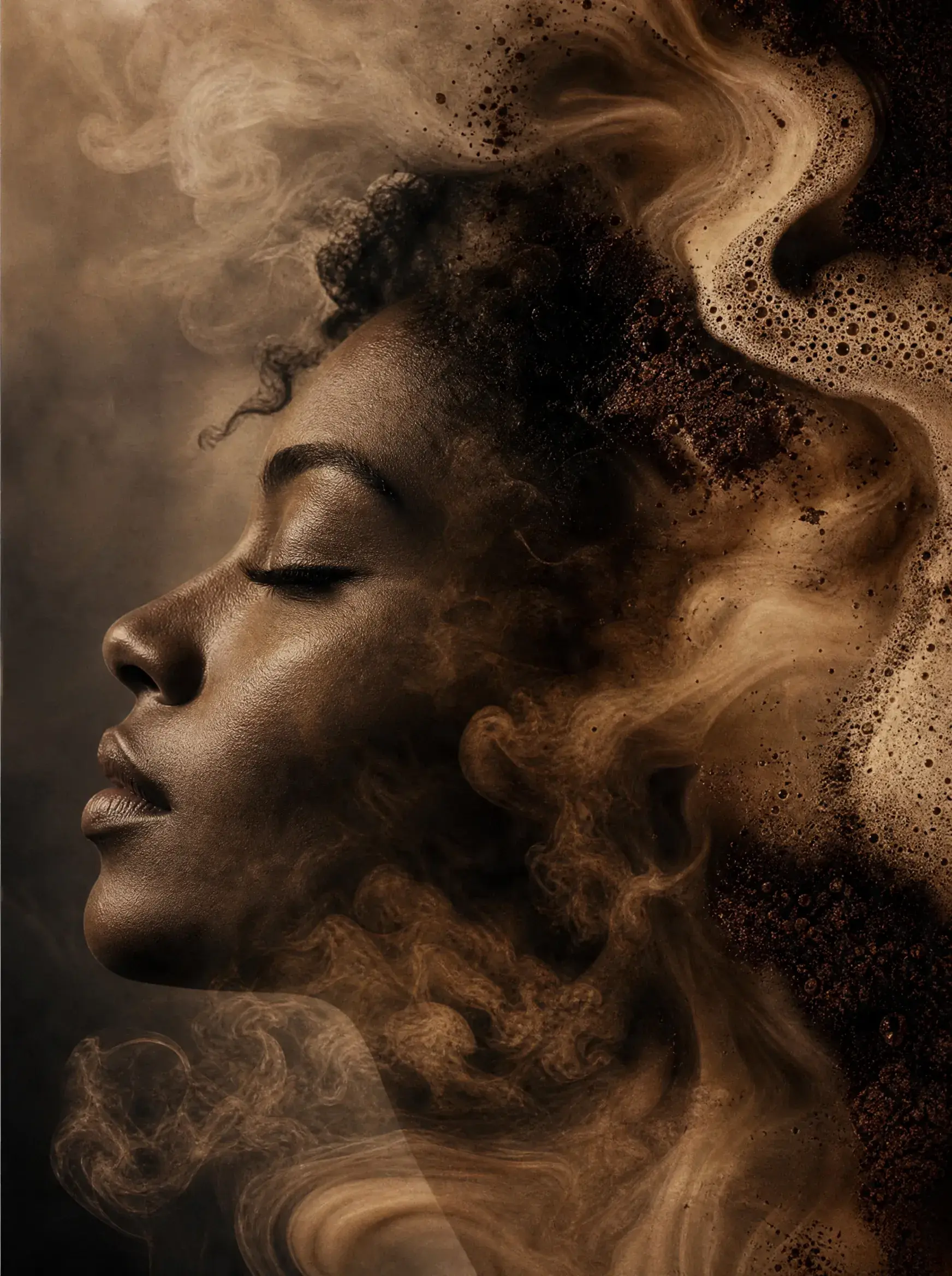 Portrait artistique femme – café moulu et fumée formant chevelure tourbillonnante, fond sombre