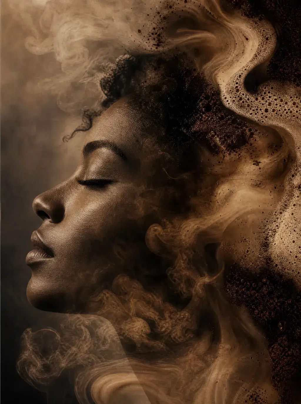 Portrait artistique femme – café moulu et fumée formant chevelure tourbillonnante, fond sombre