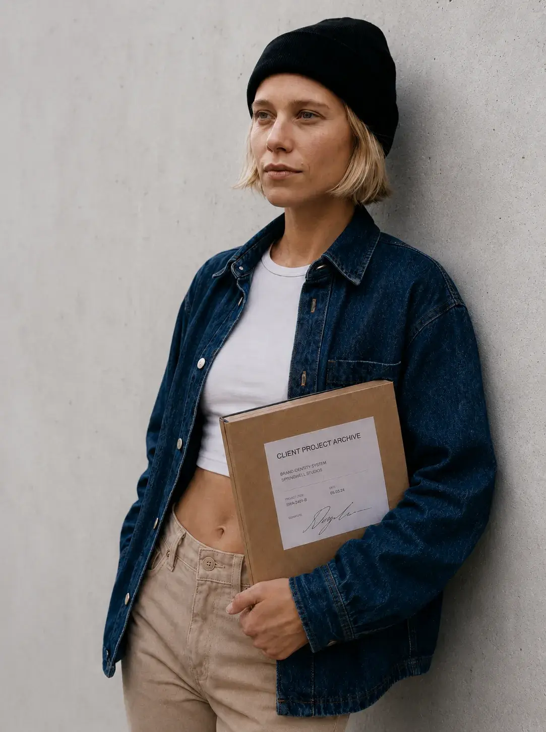 Portrait de directrice créative blonde en bonnet noir tenant un dossier « Client Project Archive » contre mur béton gris