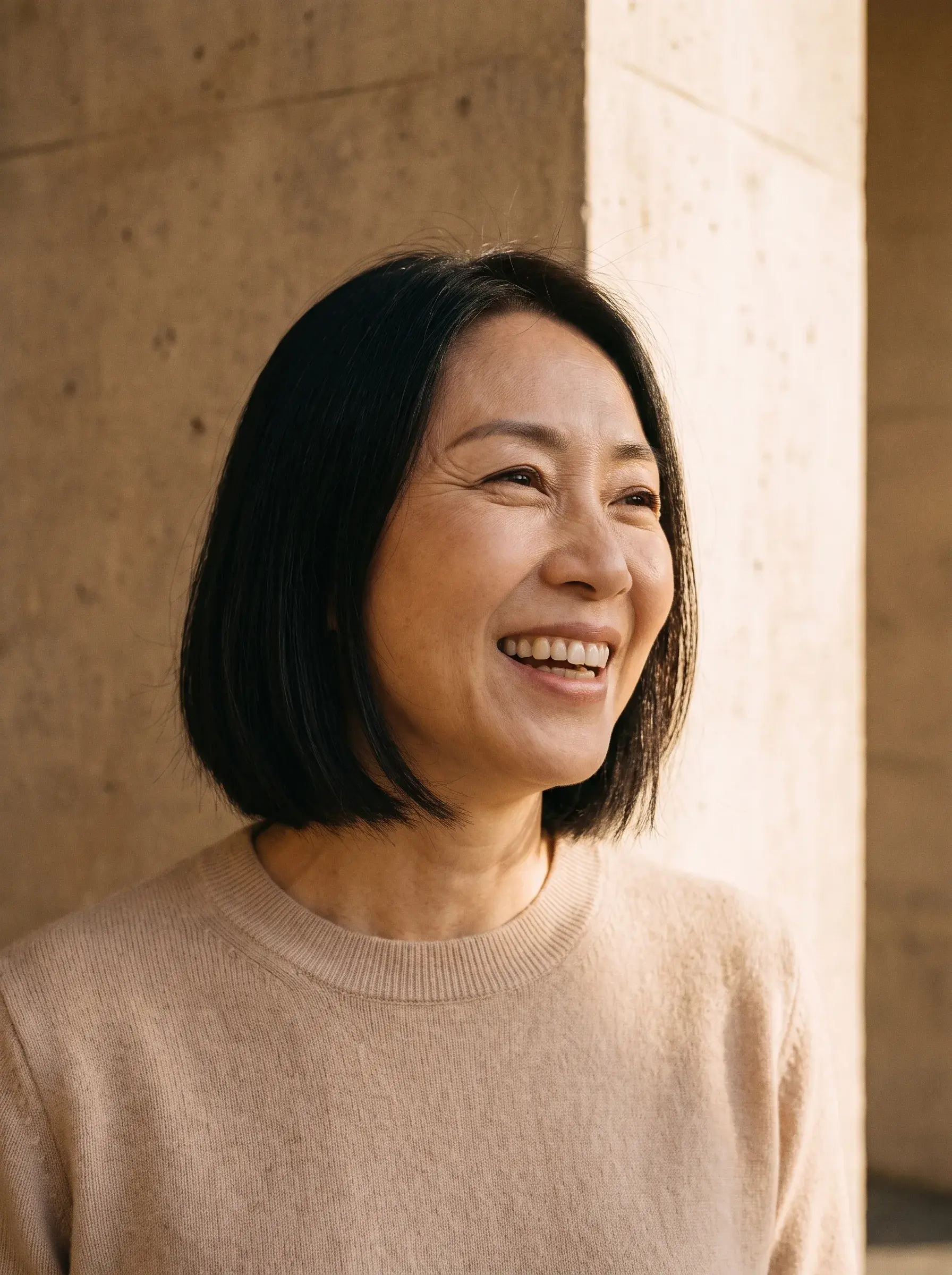 Portrait de femme asiatique mature souriant dans un espace minimaliste