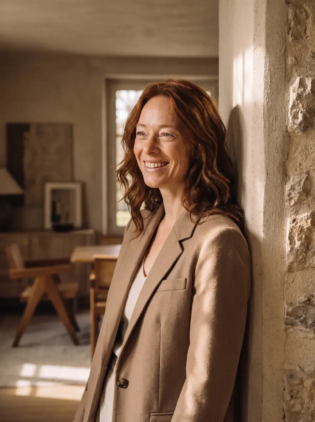 Portrait de femme rousse en blazer lin contre un mur de pierre rustique