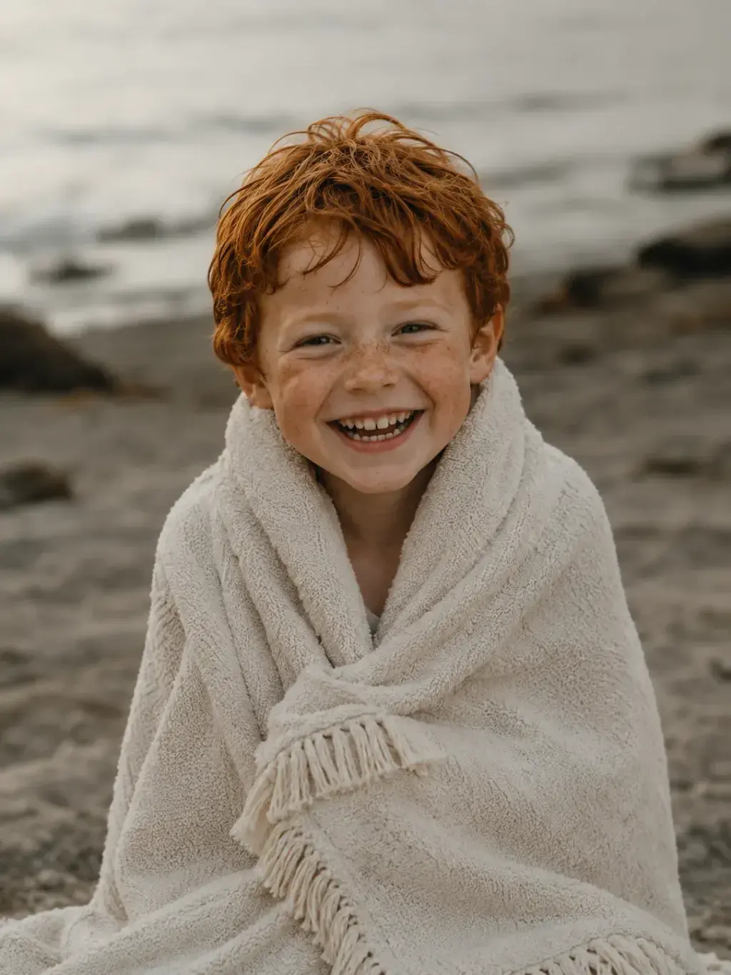 Portrait de garçon roux souriant enveloppé dans une serviette à la plage