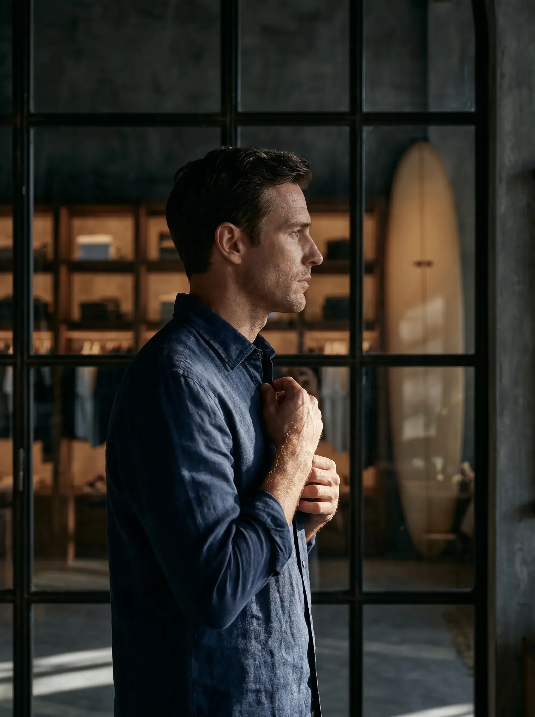 Portrait de profil d'un homme en chemise en lin sombre dans un espace boutique