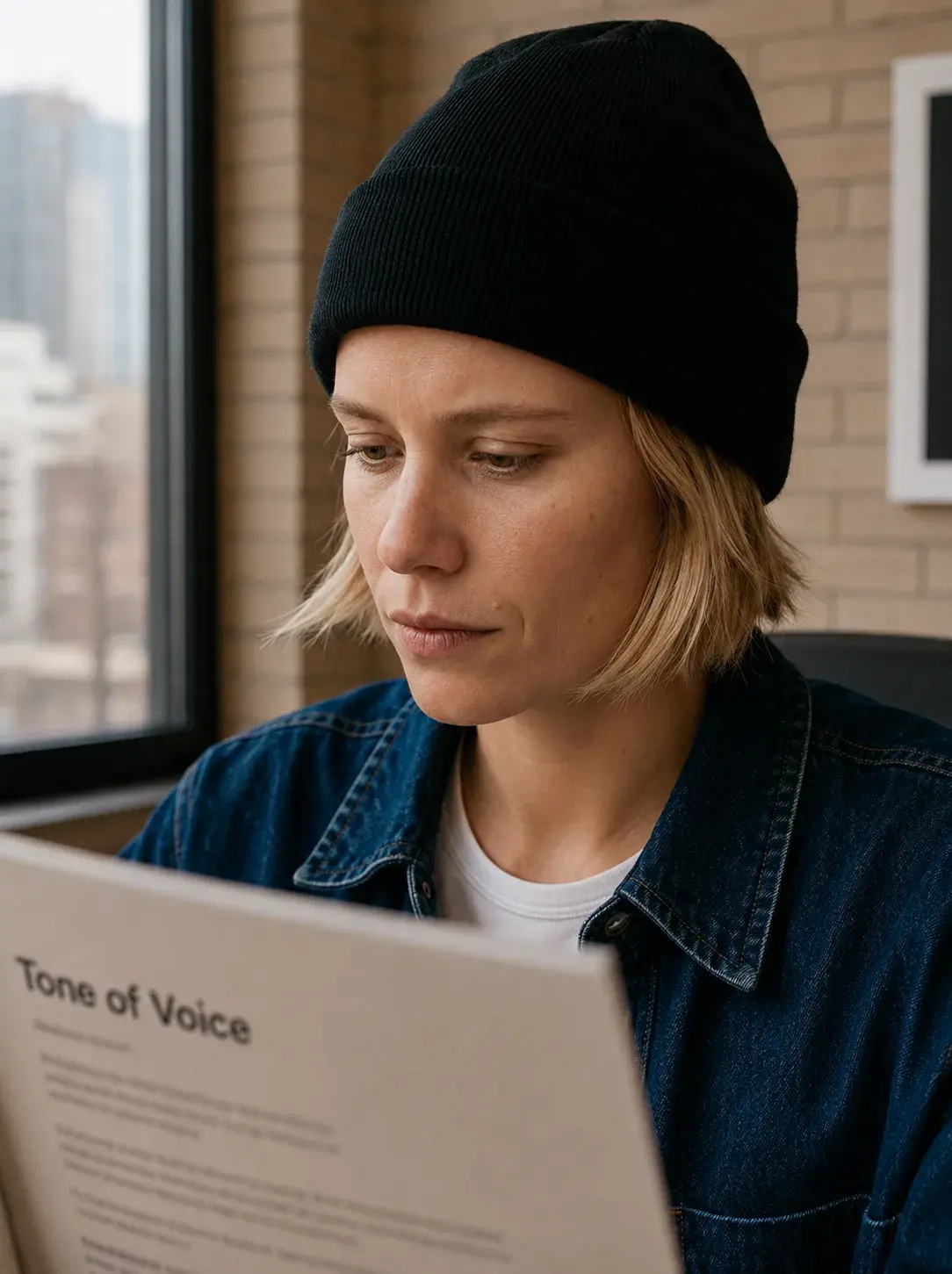 Portrait directrice artistique – document stratégique, vue urbaine, fenêtre