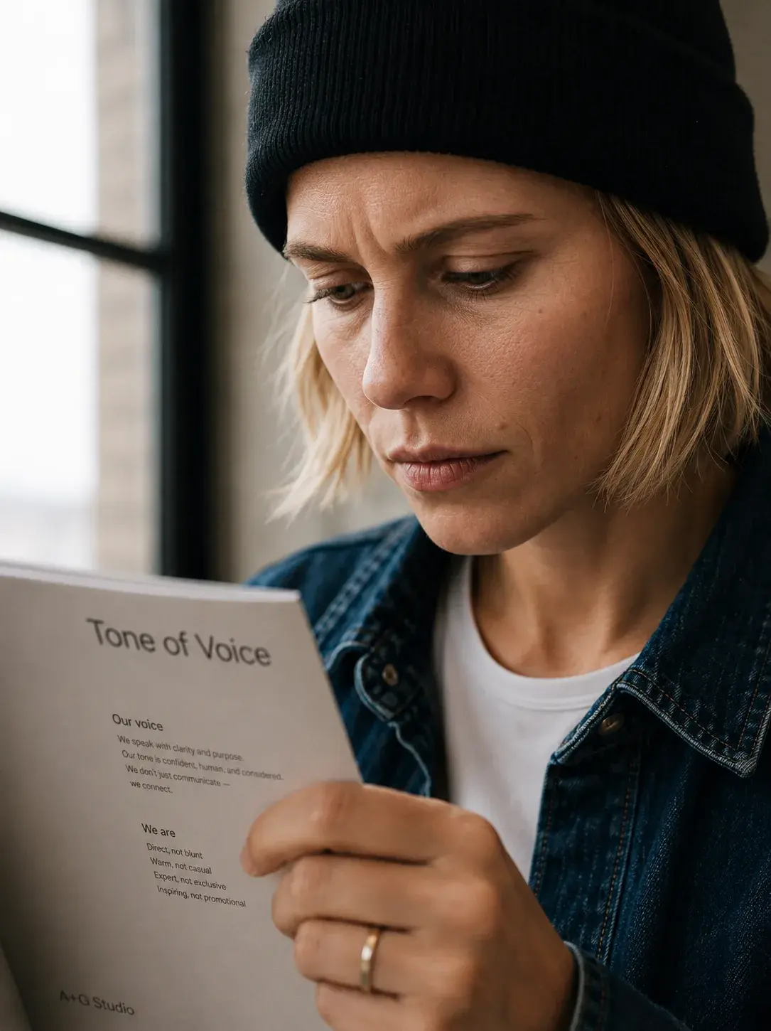Portrait directrice artistique – lecture document ton de voix, fenêtre