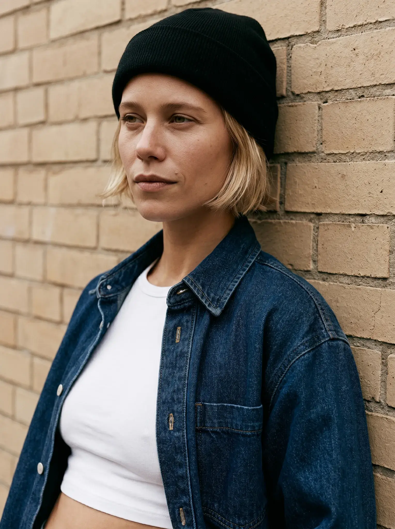 Portrait directrice artistique – mur brique beige, extérieur studio
