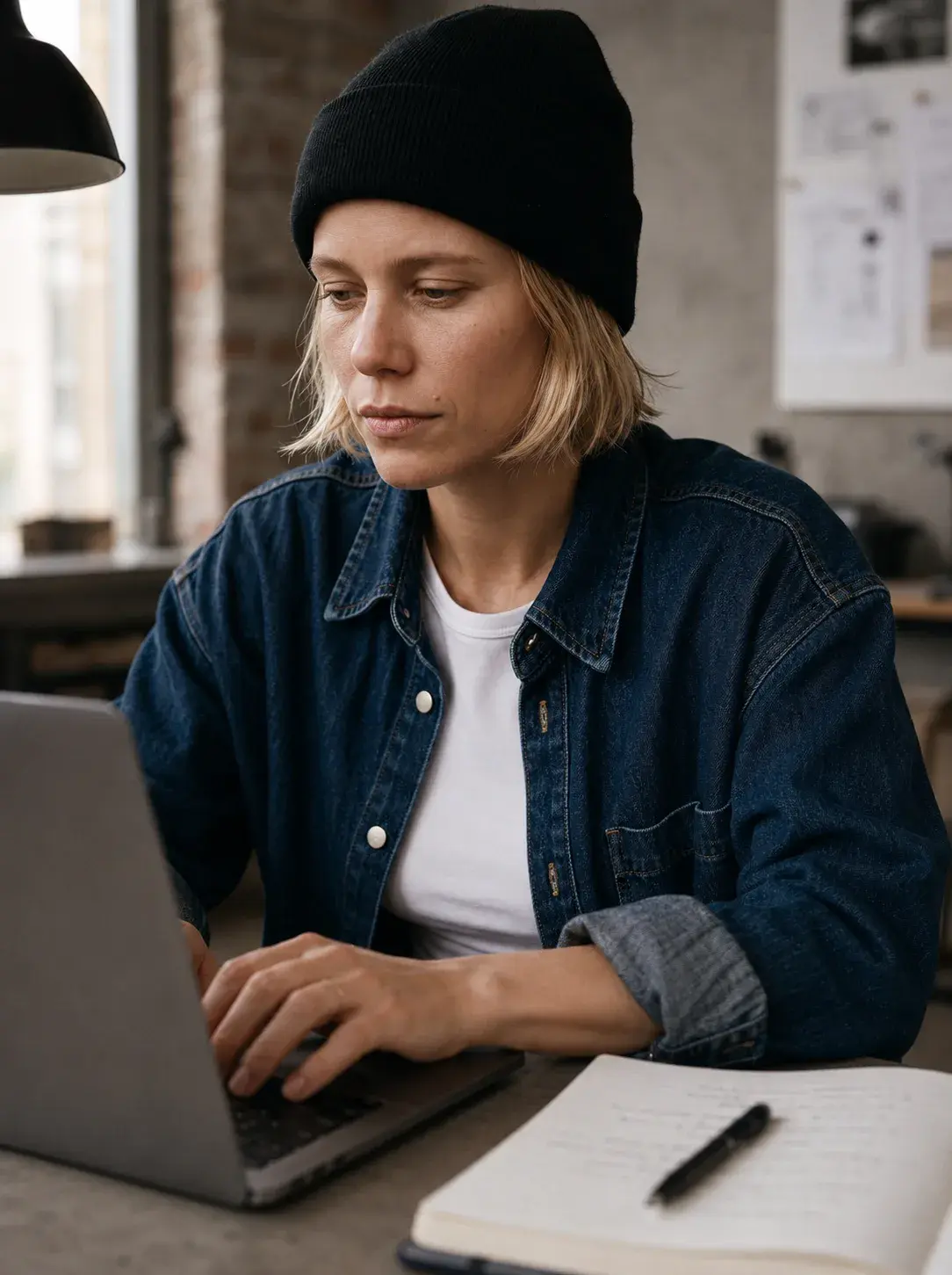 Portrait directrice artistique – ordinateur portable, carnet, lampe, studio