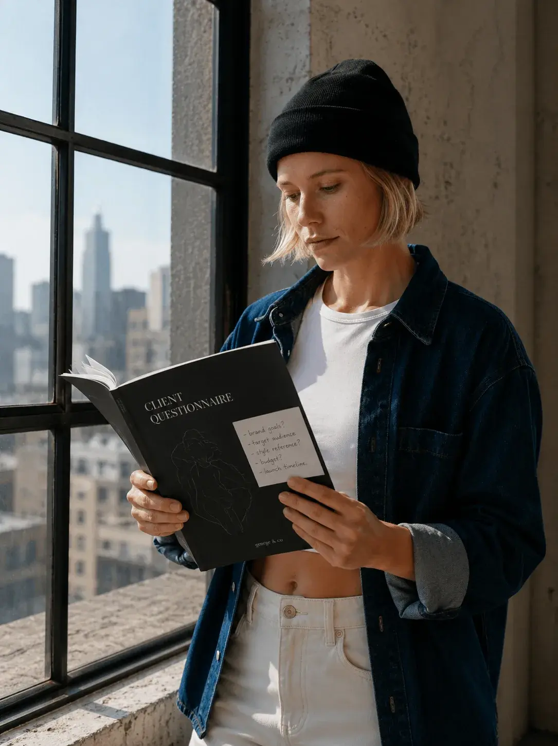 Portrait directrice artistique – questionnaire client, fenêtre, vue urbaine
