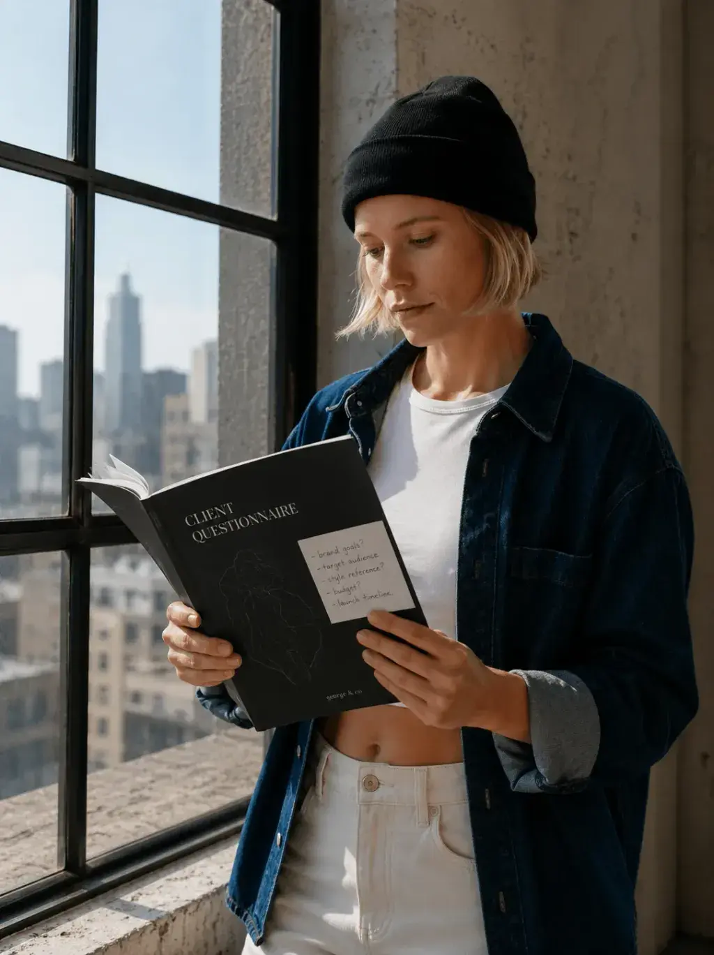 Portrait directrice artistique – questionnaire client, fenêtre, vue urbaine
