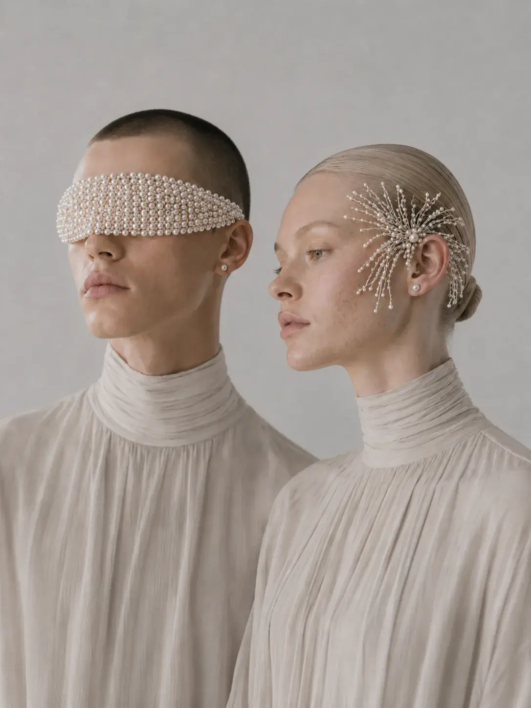 Portrait duo — homme au bandeau de perles et femme à la coiffe solaire en fils perlés, mode éditoriale