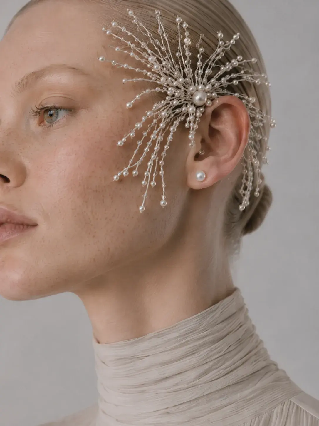 Portrait féminin de profil avec coiffe solaire en fils de perles rayonnants autour de l'oreille