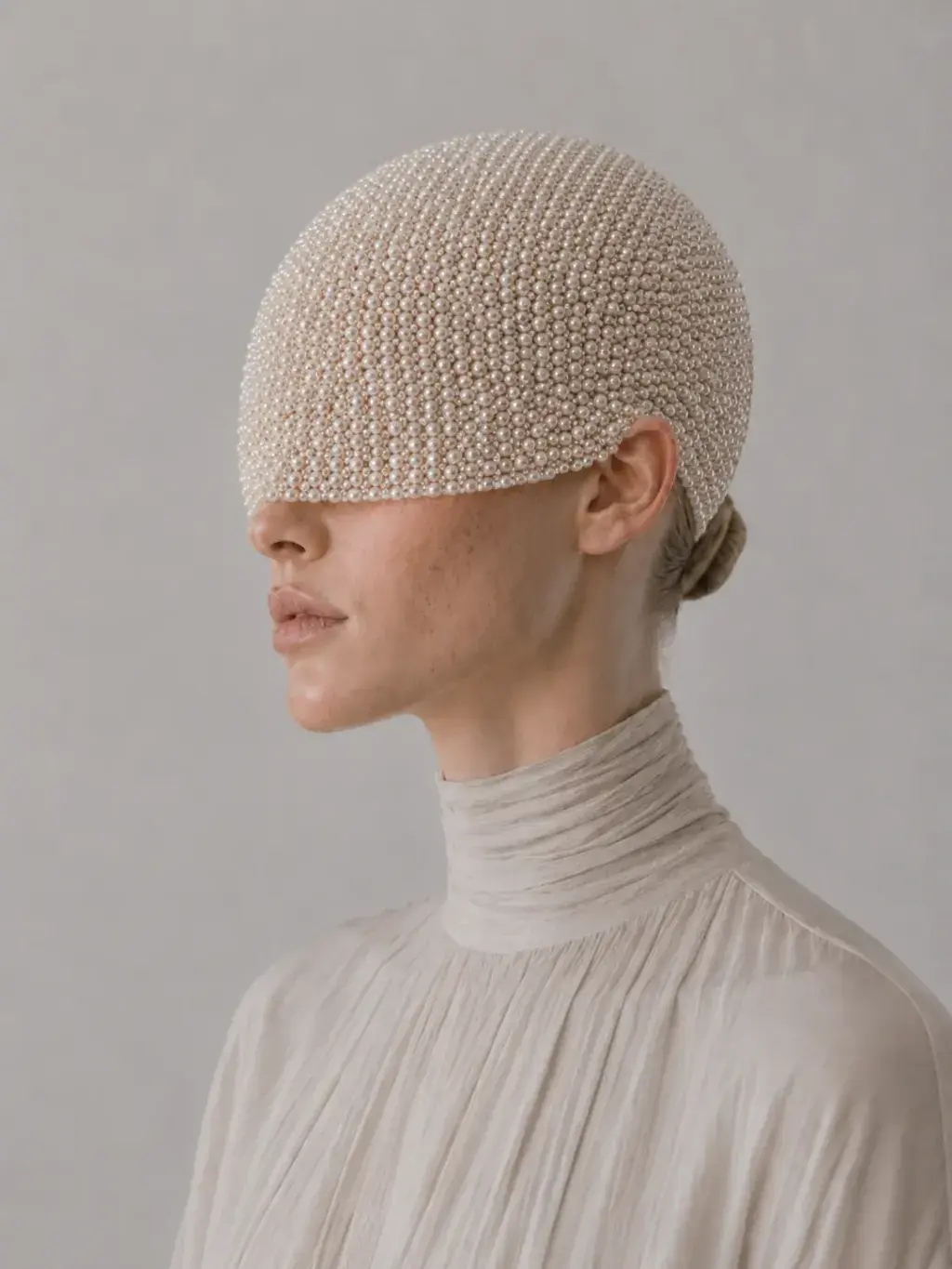 Portrait féminin de profil portant une calotte intégrale entièrement recouverte de perles calibrées