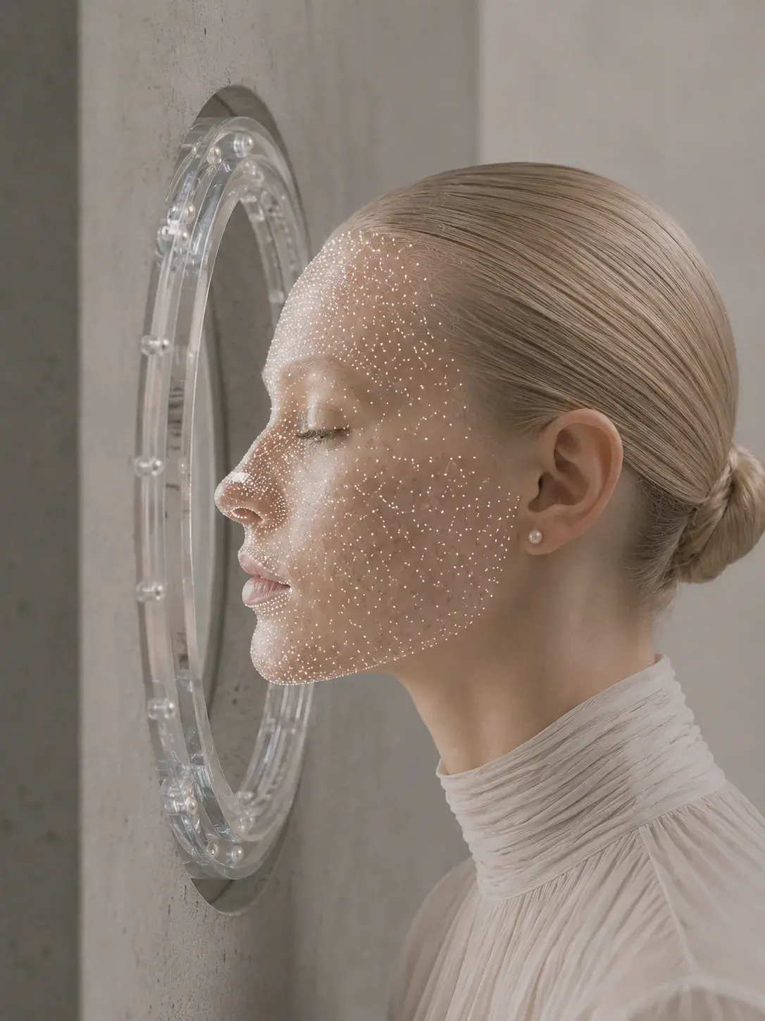 Portrait féminin de profil, visage constellé de micro-perles face à un miroir circulaire