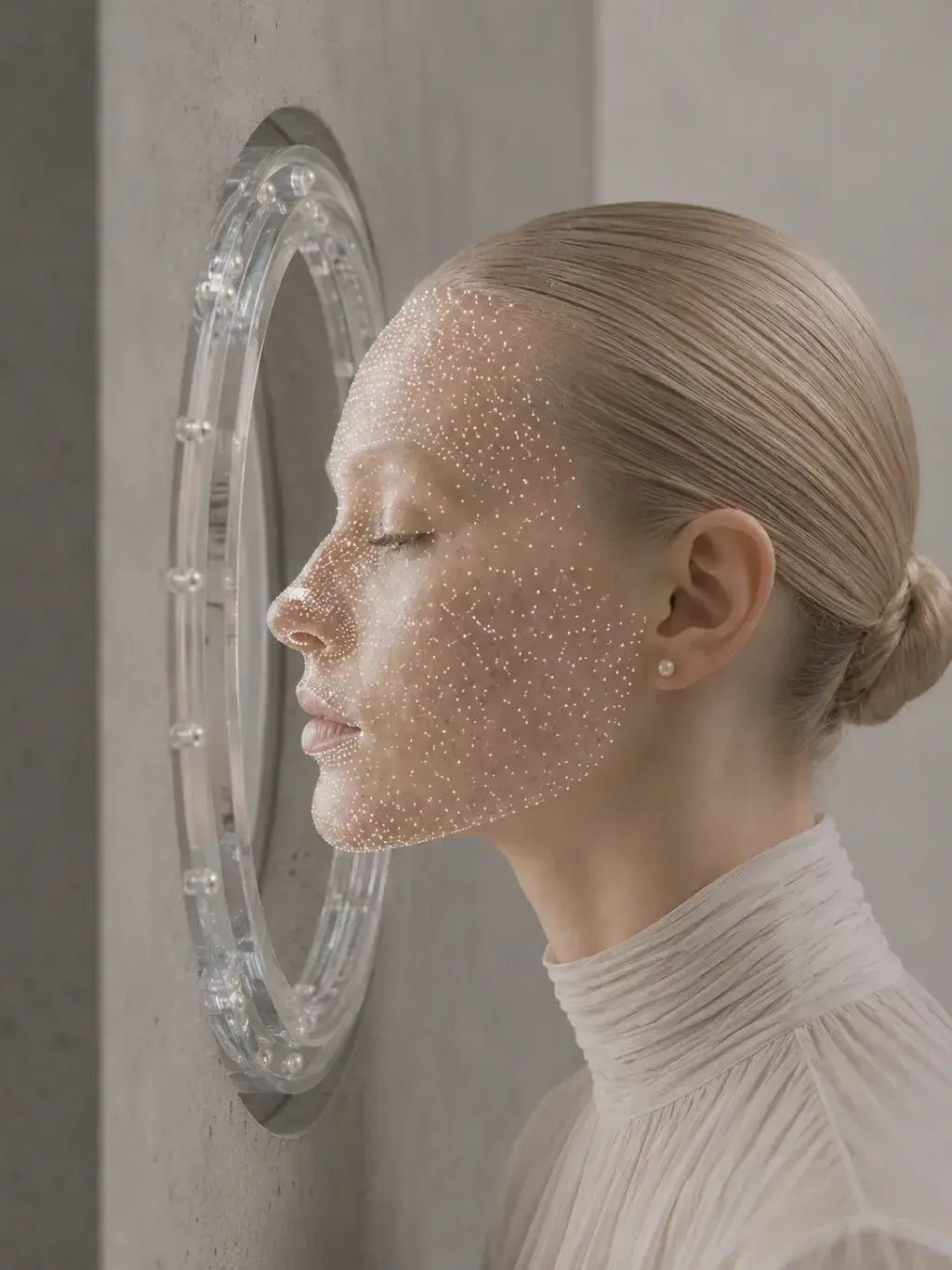 Portrait féminin de profil, visage constellé de micro-perles face à un miroir circulaire