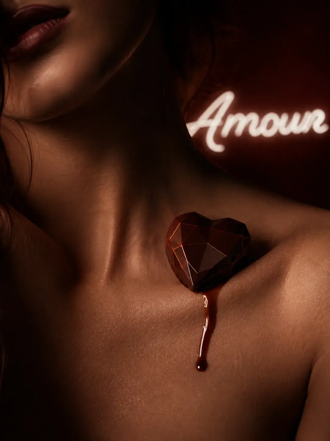 Portrait féminin en clair-obscur chaud avec chocolat cœur facetté fondu coulant sur l'épaule, néon « Amour » en fond