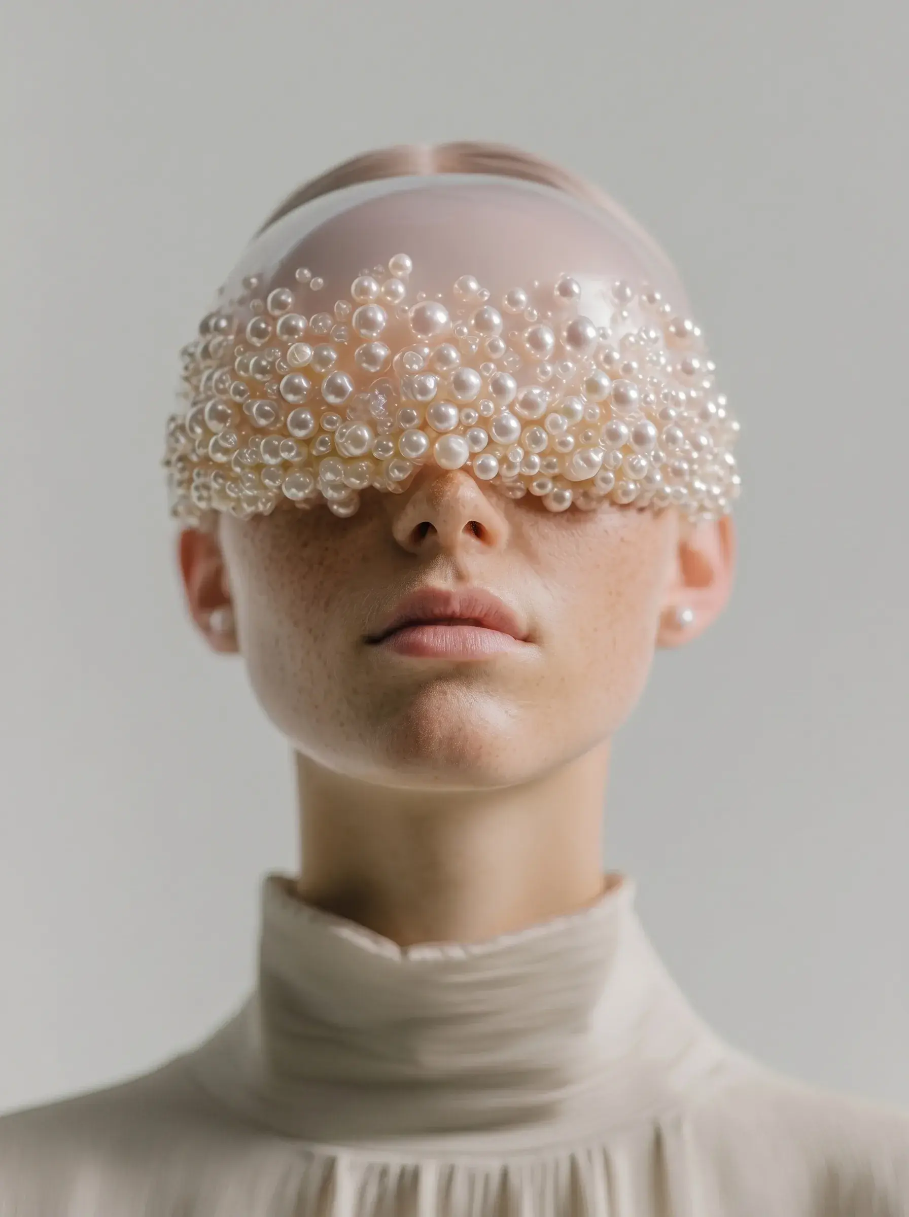 Portrait femme au masque oculaire incrusté de perles baroques, mode éditoriale
