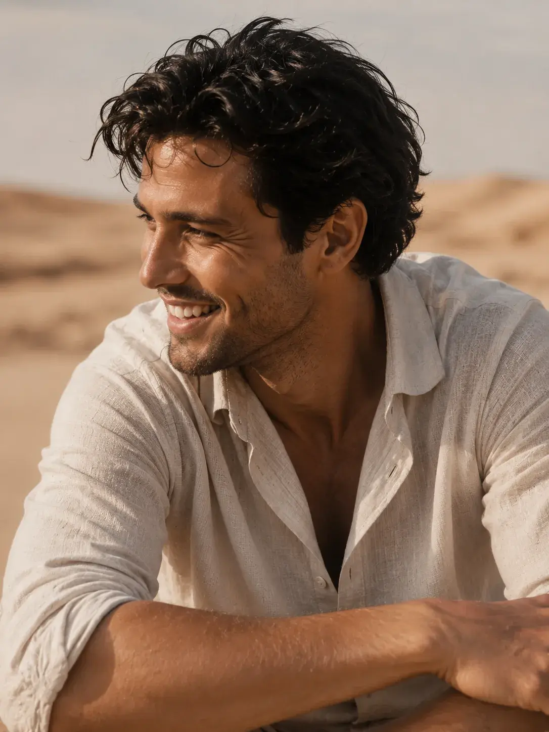 Portrait homme souriant sur fond de dunes – chemise lin blanche, cheveux mouillés bouclés, insouciance
