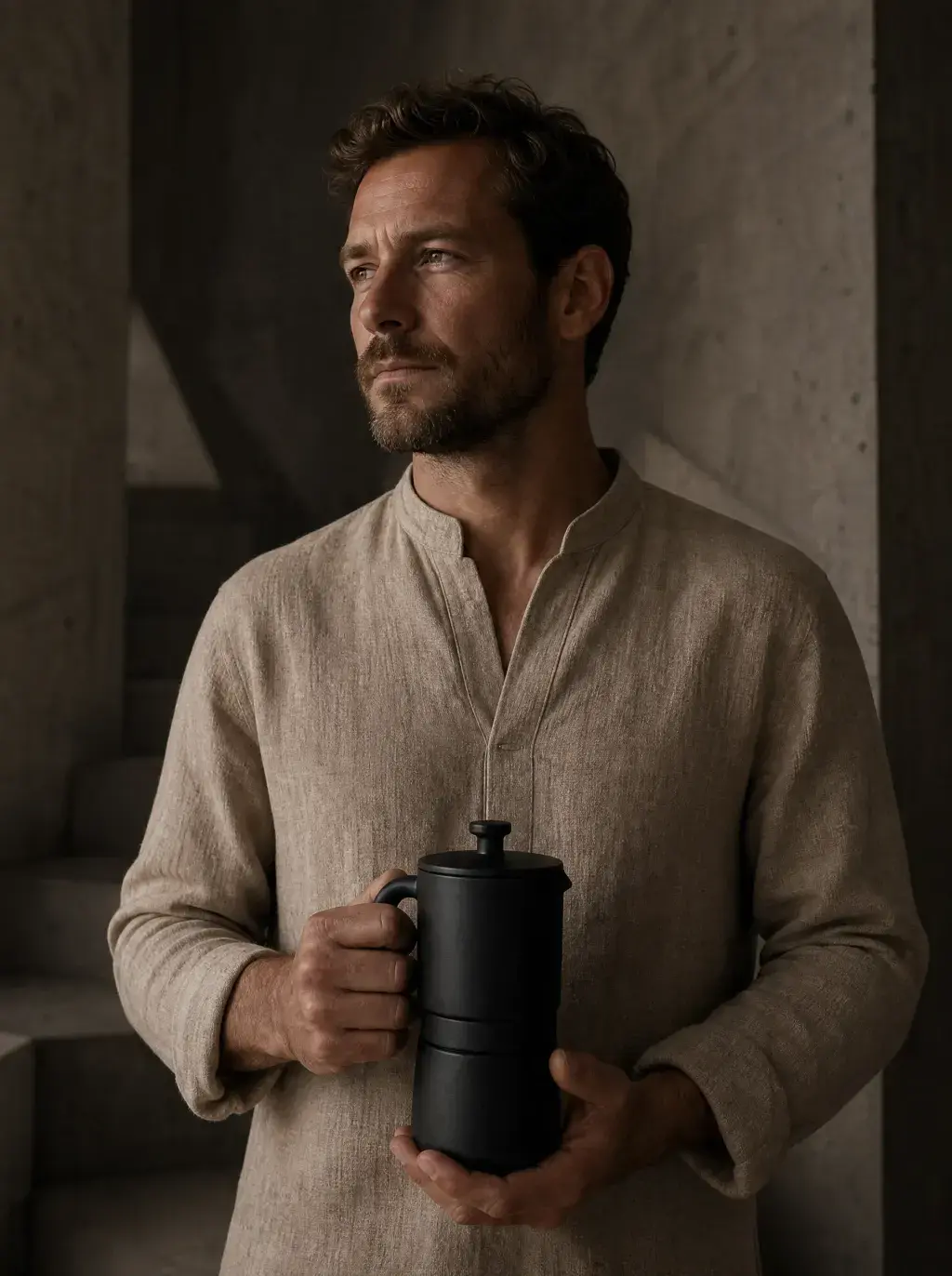 Portrait homme tenant cafetière moka noire – pull lin beige, barbe, regard de côté, mur béton