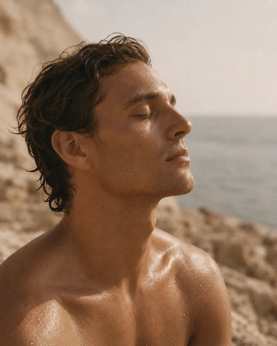 Portrait homme torse nu de profil – yeux fermés sous le soleil méditerranéen