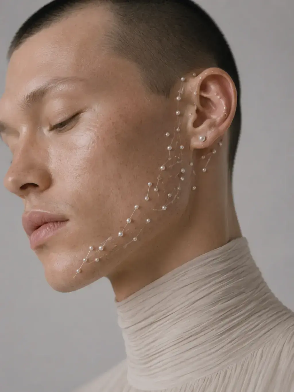 Portrait masculin de profil, constellation de fils de perles courant le long de la joue, mode éditoriale