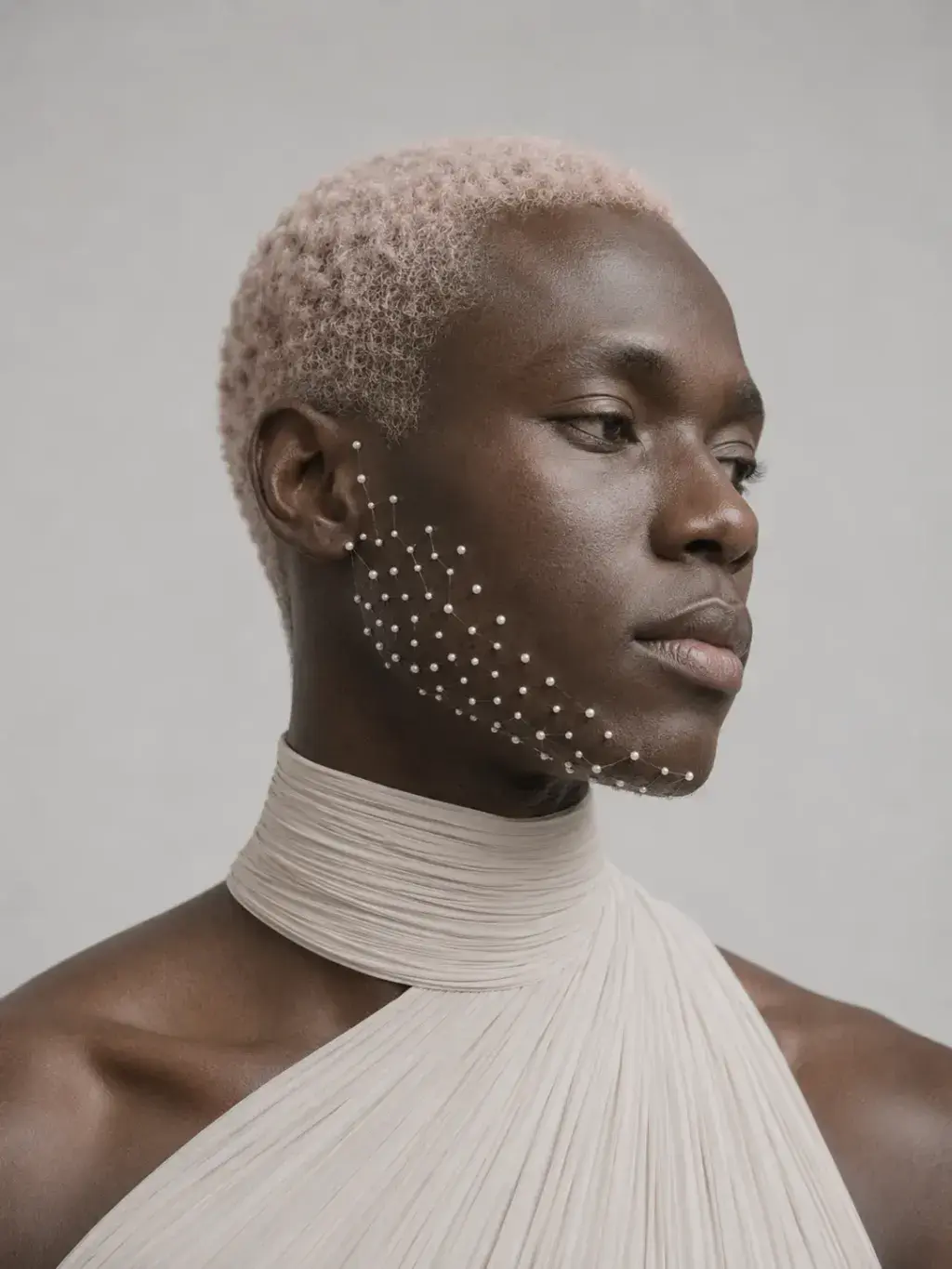 Portrait masculin de profil, micro-perles parsemées sur la joue en constellation nacrée, beauté éditoriale