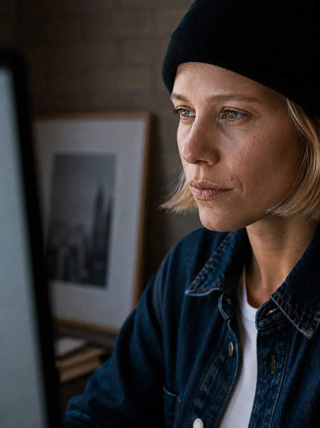 Portrait rapproché de directrice artistique blonde en bonnet noir fixant un écran hors champ avec concentration
