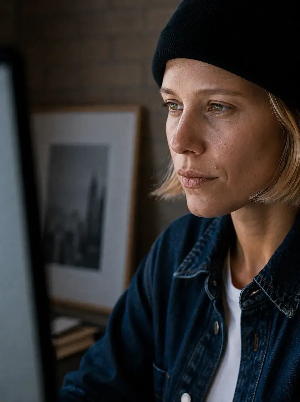 Portrait rapproché de directrice artistique blonde en bonnet noir fixant un écran hors champ avec concentration
