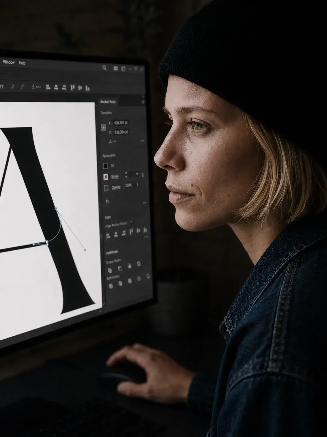 Portrait rapproché de graphiste de profil concentrée sur un écran affichant une grande lettre A serif en cours de création