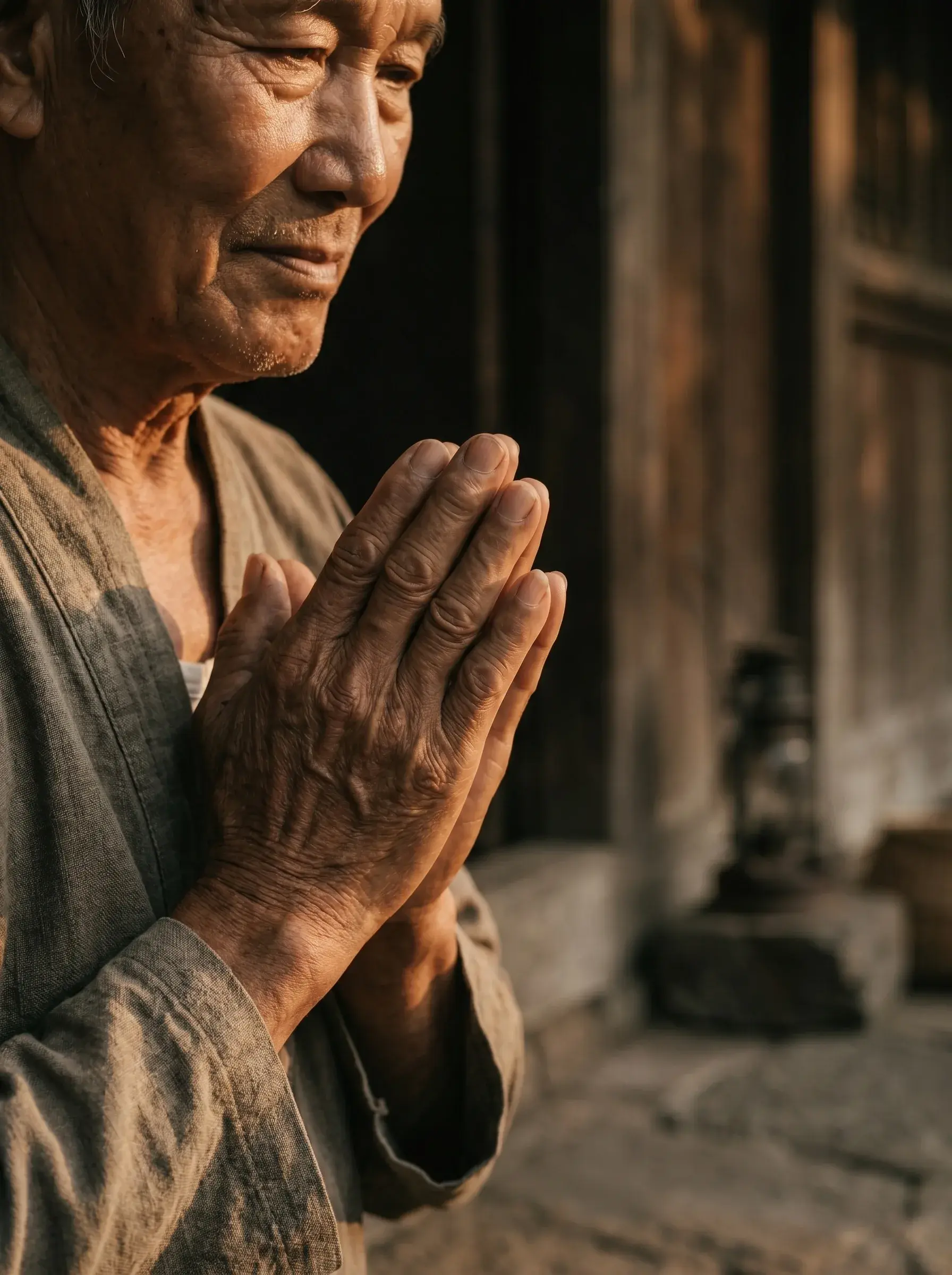 Portrait senior asiatique de profil aux mains jointes en prière anjali mudra, expression sereine, fond bois sombre avec statue