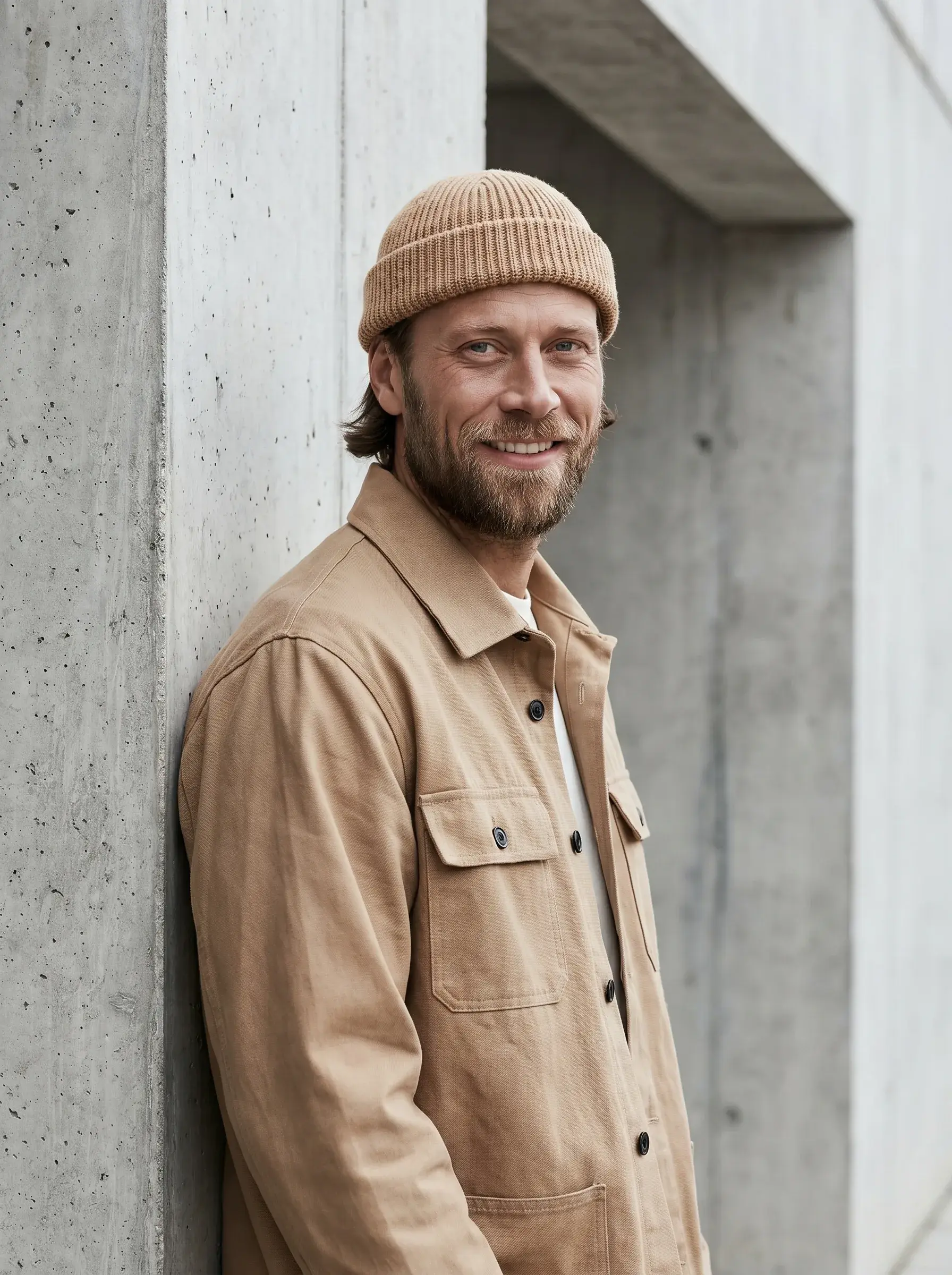 Portrait souriant d'un électricien au bonnet beige appuyé contre un mur en béton