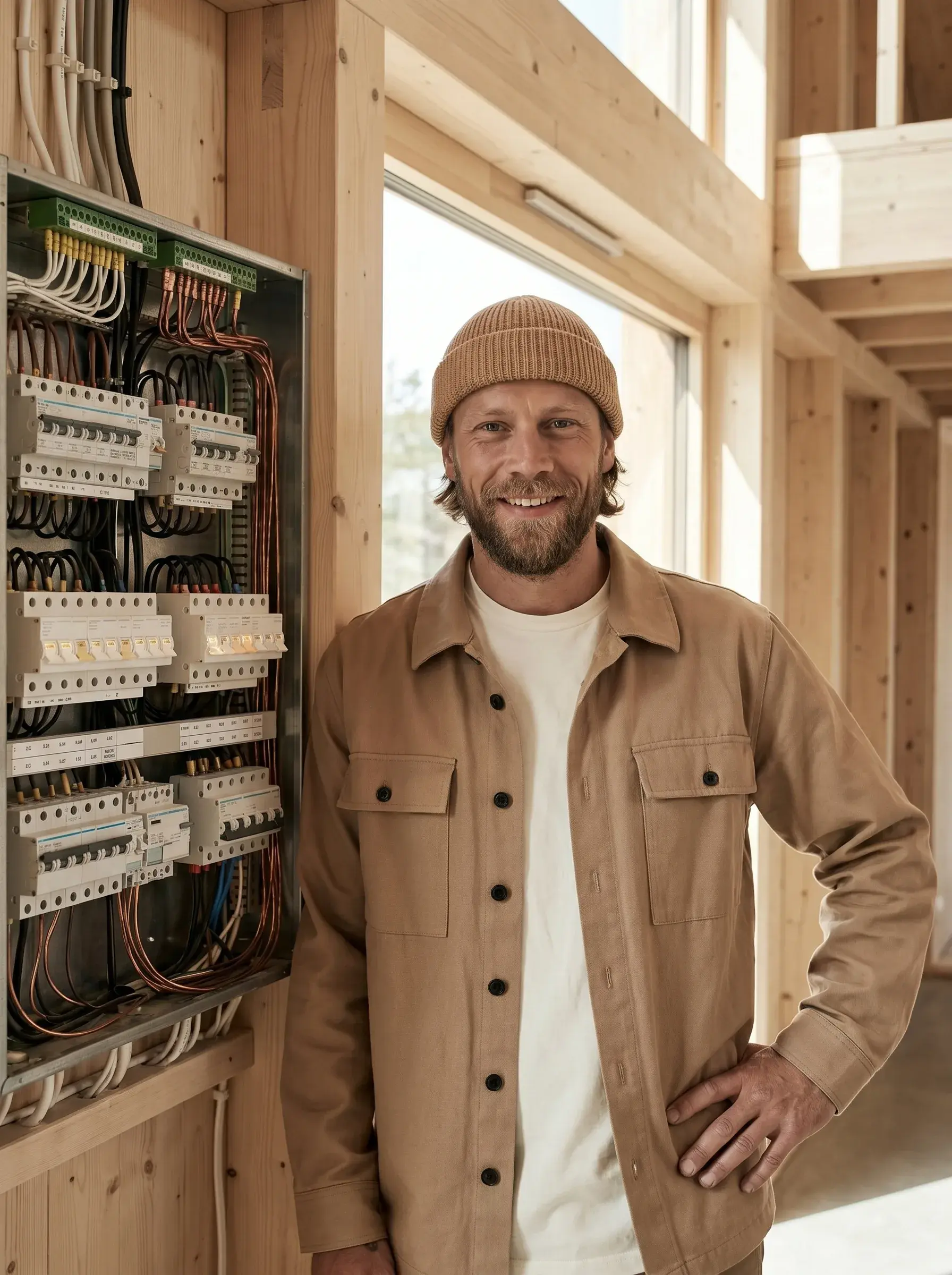 Portrait souriant d'un électricien au bonnet beige devant un tableau électrique ouvert