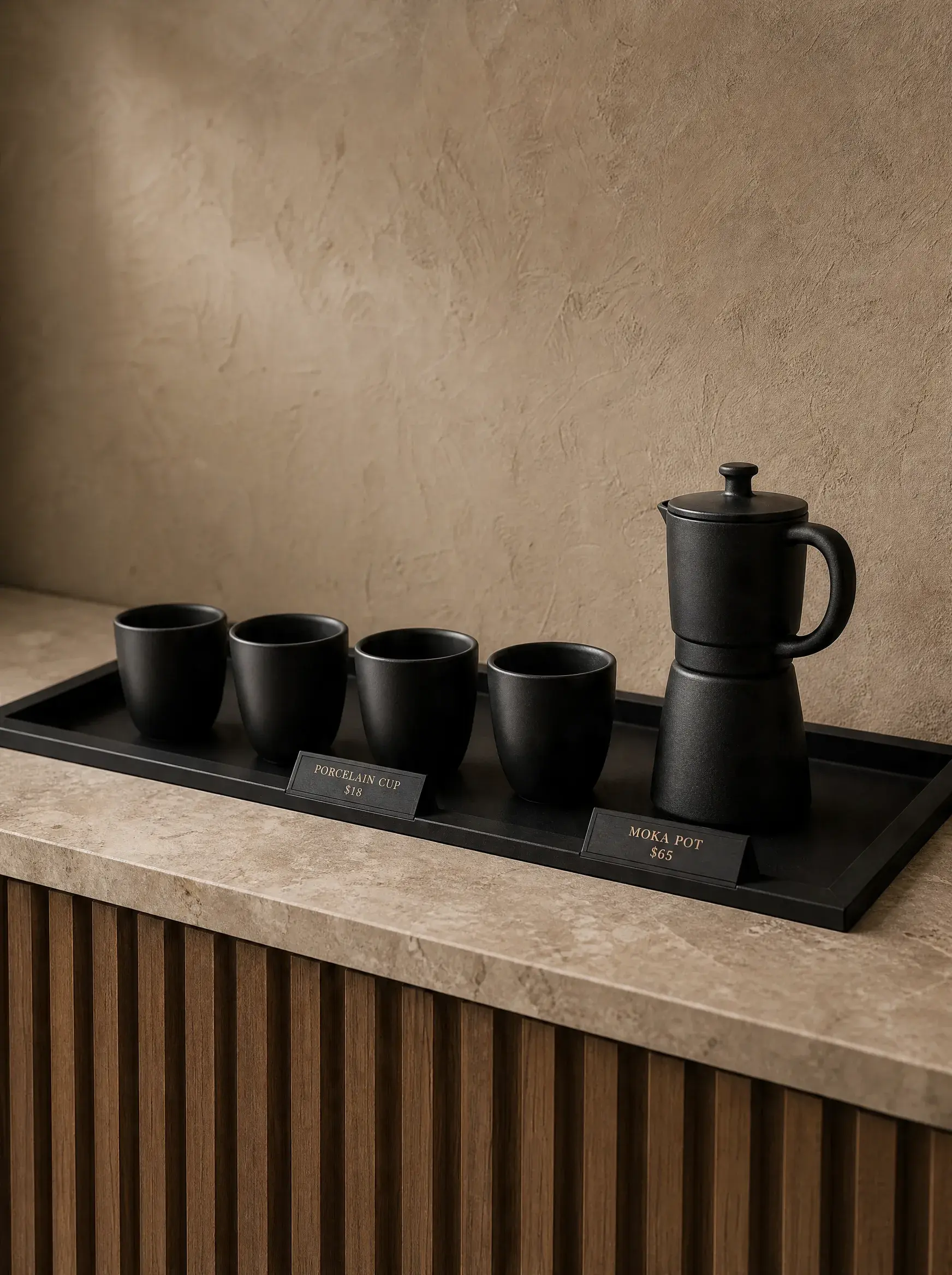 Présentoir boutique café – quatre tasses noires et cafetière moka sur plateau, comptoir travertin