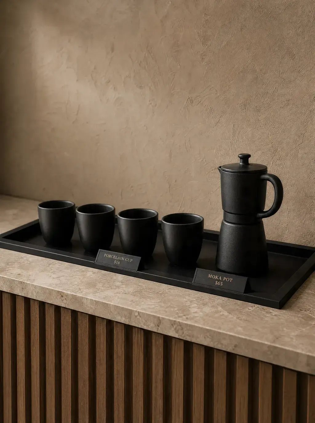 Présentoir boutique café – quatre tasses noires et cafetière moka sur plateau, comptoir travertin
