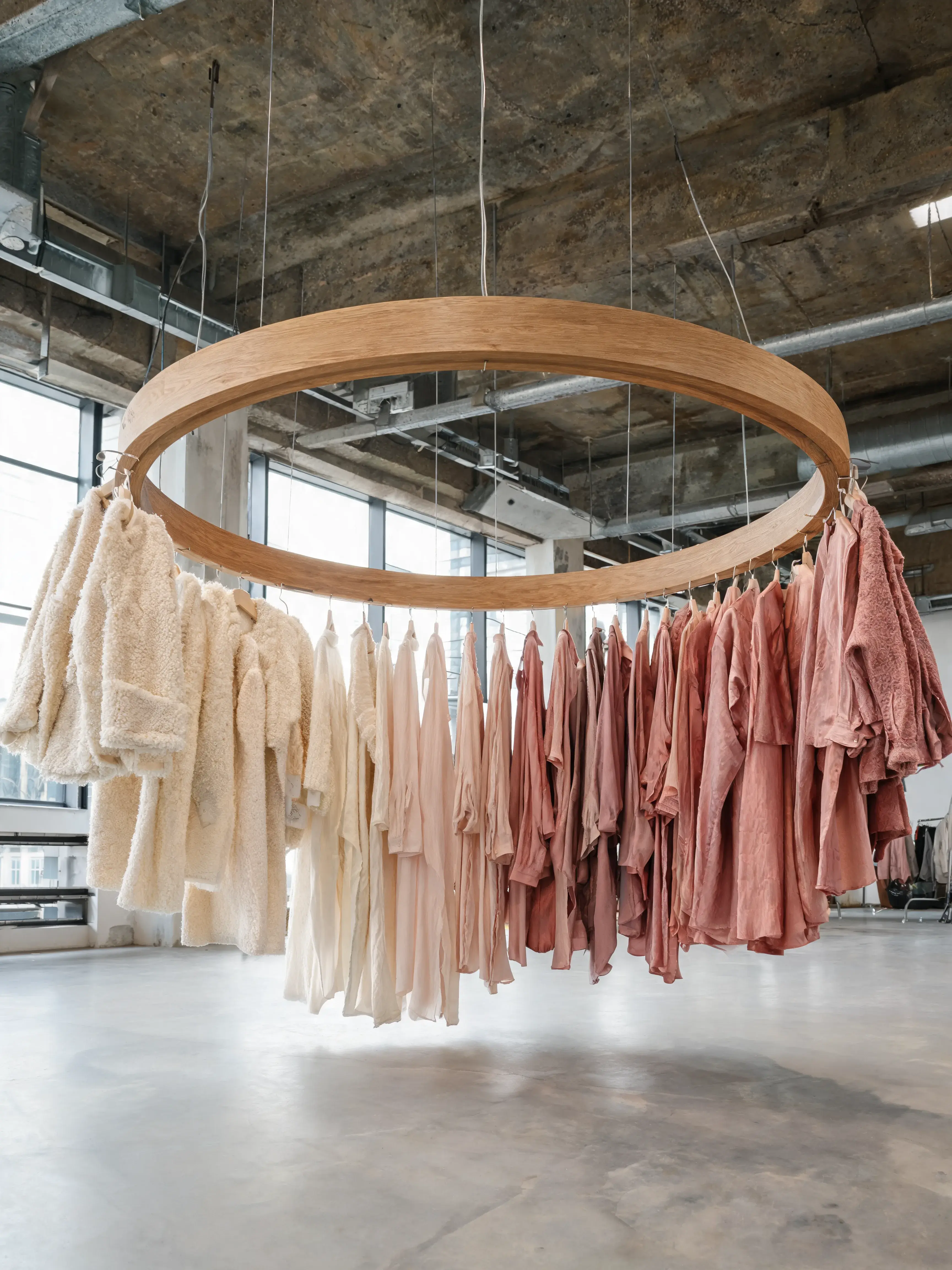Présentoir circulaire bois suspendu – vêtements dégradé blanc rose terracotta, loft béton