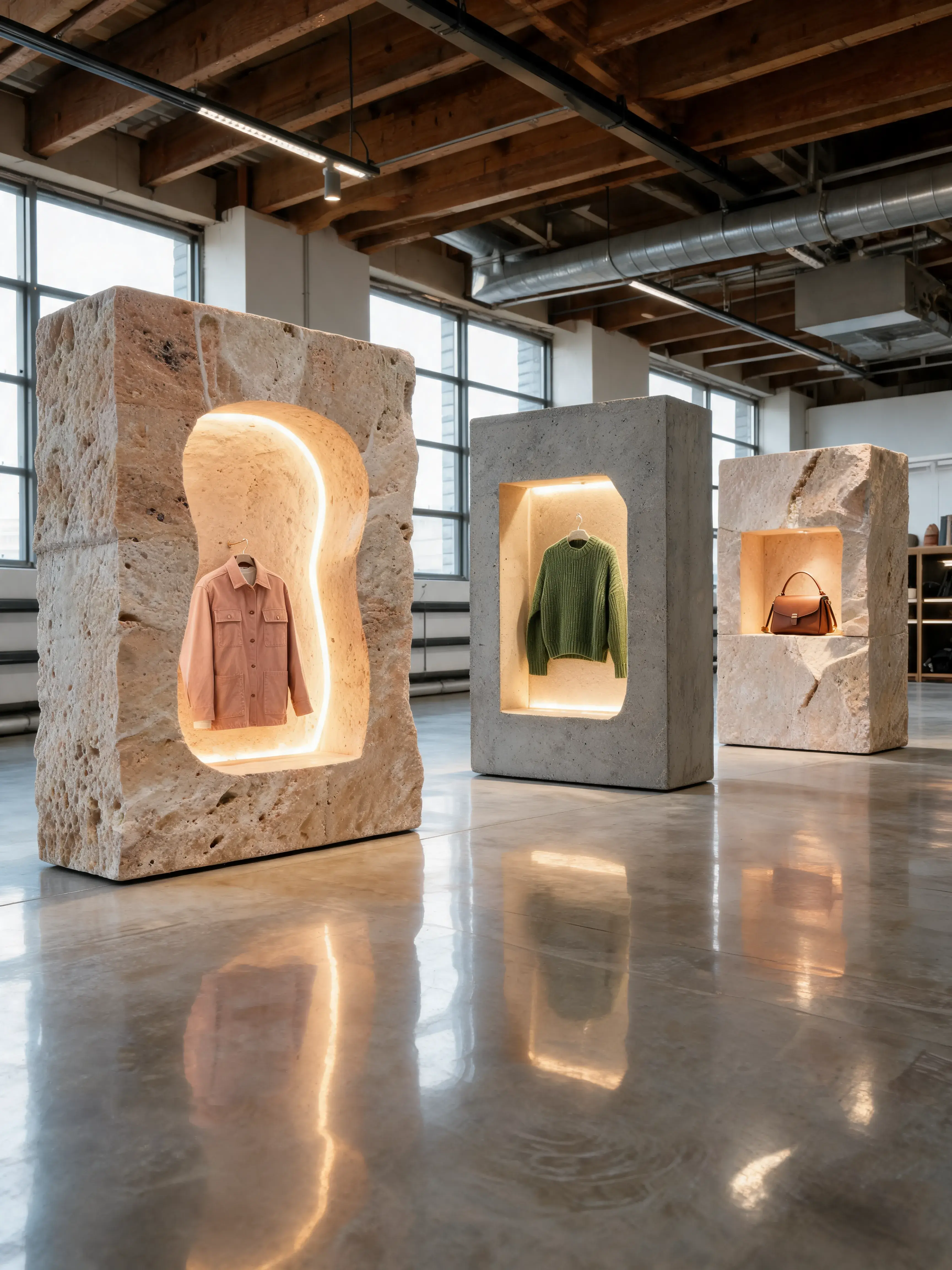 Présentoirs blocs pierre illuminés – niches sculptées, veste pull sac, sol béton poli réfléchissant