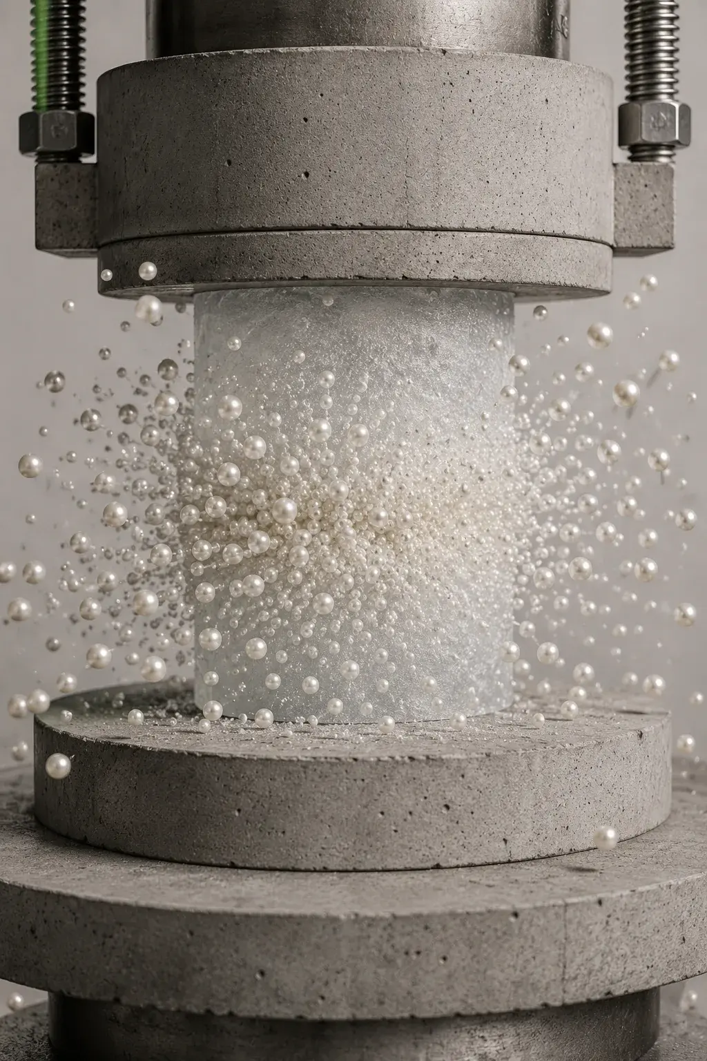 Presse hydraulique industrielle écrasant un cylindre de perles en explosion