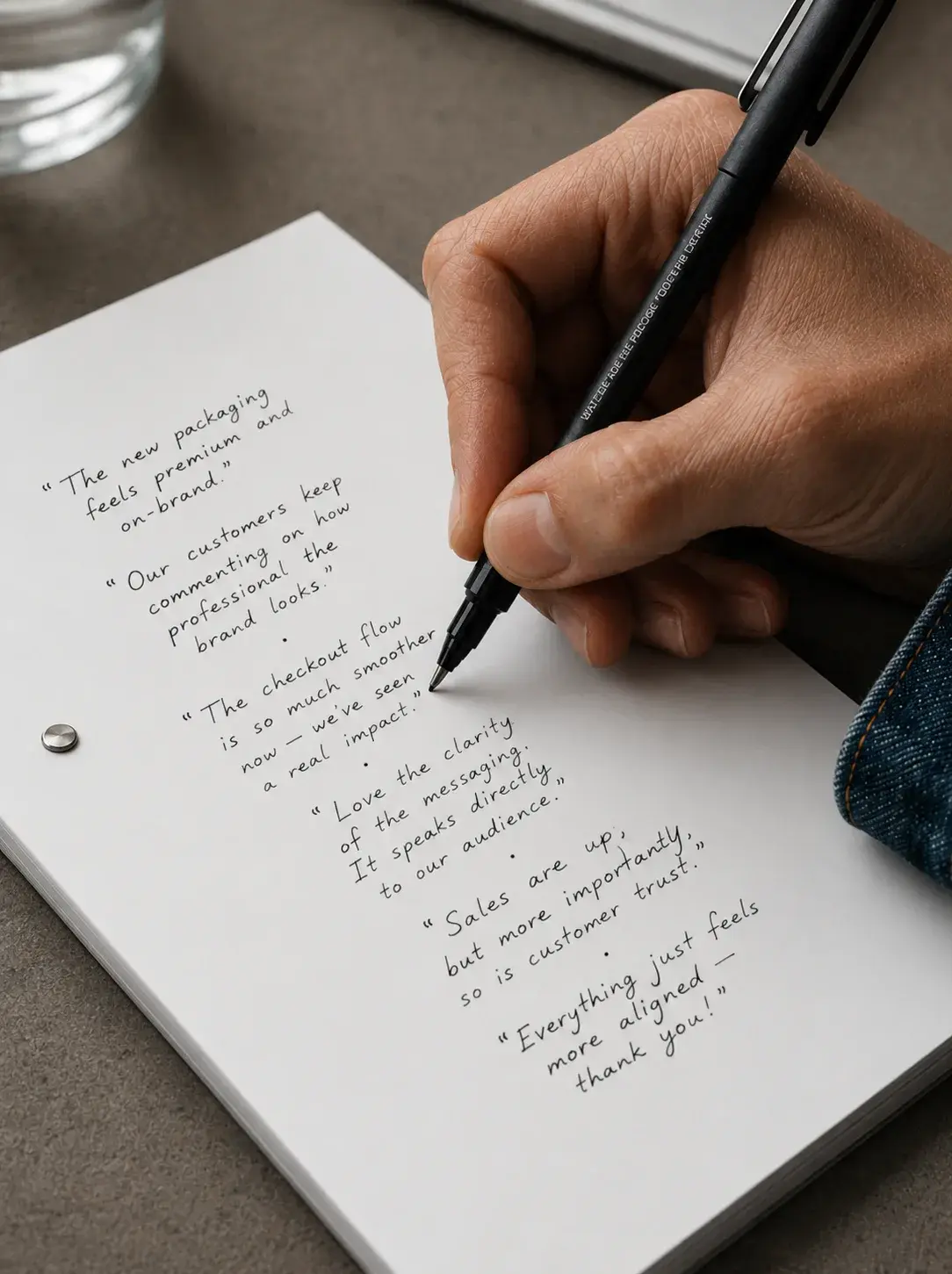 Prise de notes – retours clients positifs, stylo, carnet, béton