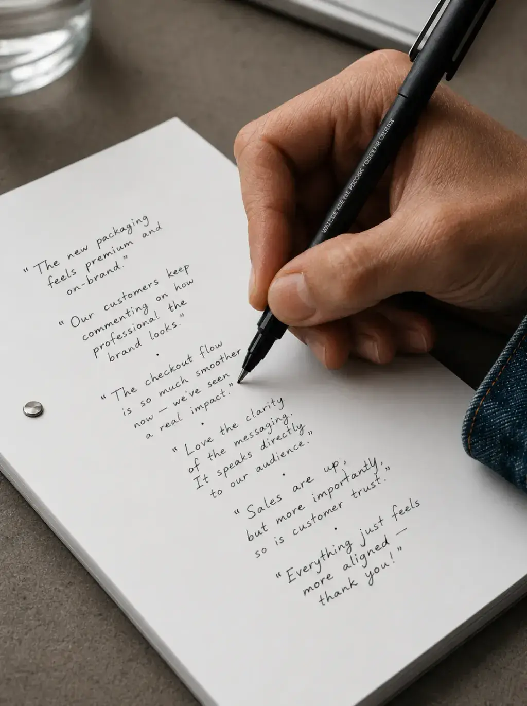 Prise de notes – retours clients positifs, stylo, carnet, béton