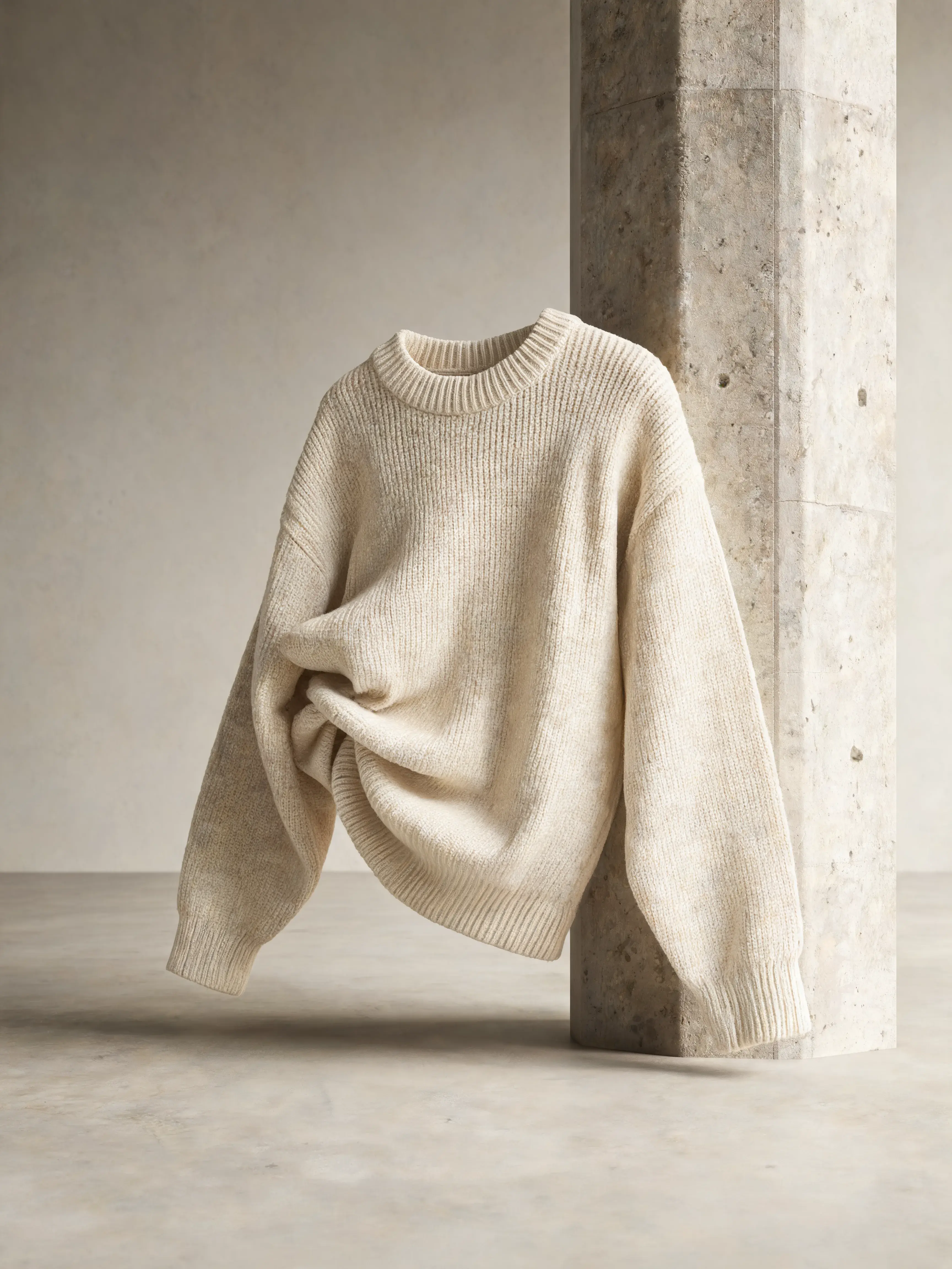 Pull oversize beige flottant fond béton