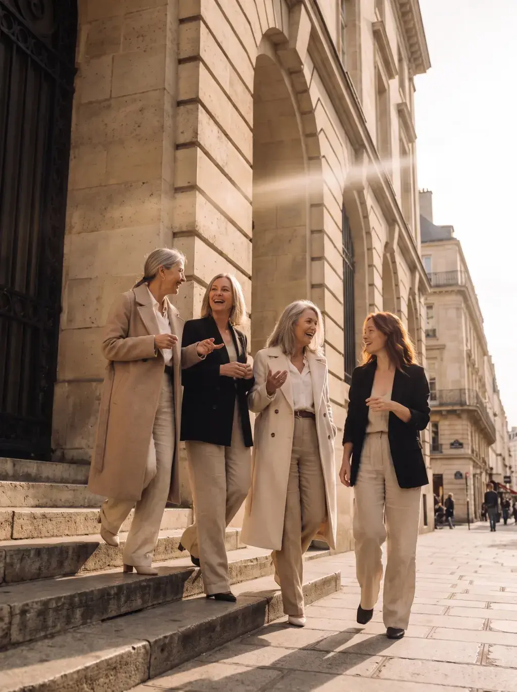 Quatre femmes de générations différentes marchant en riant dans Paris