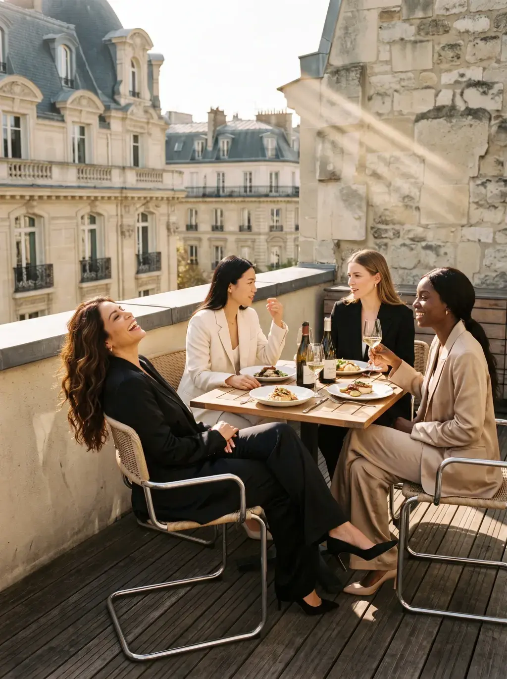 Quatre femmes déjeunant en terrasse avec vue sur les toits de Paris