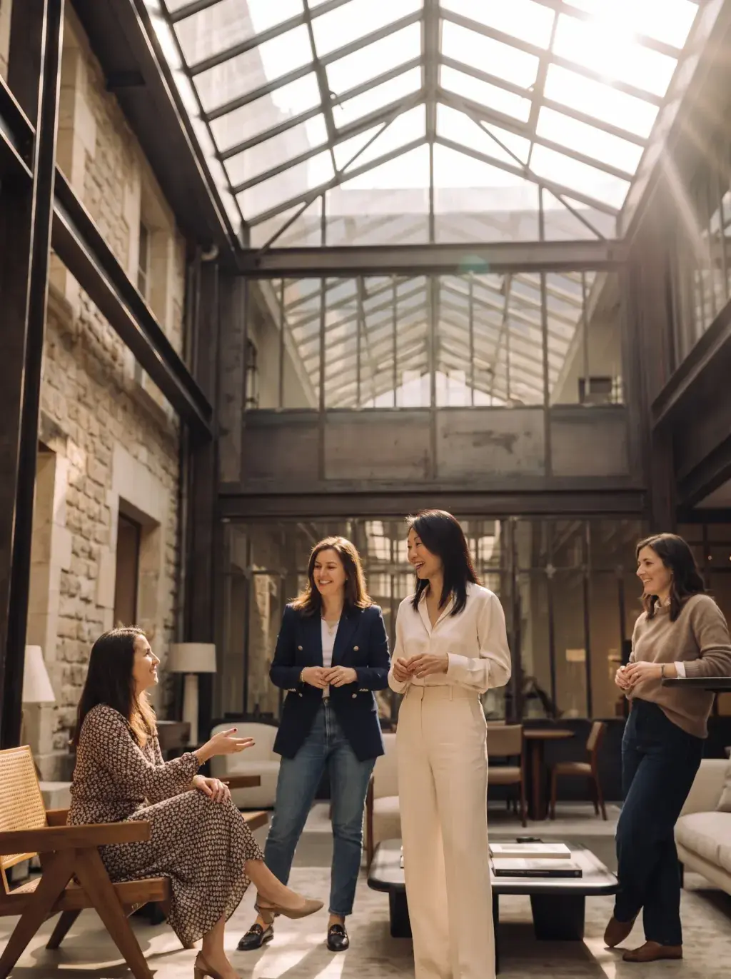 Quatre femmes professionnelles en réunion informelle sous une verrière