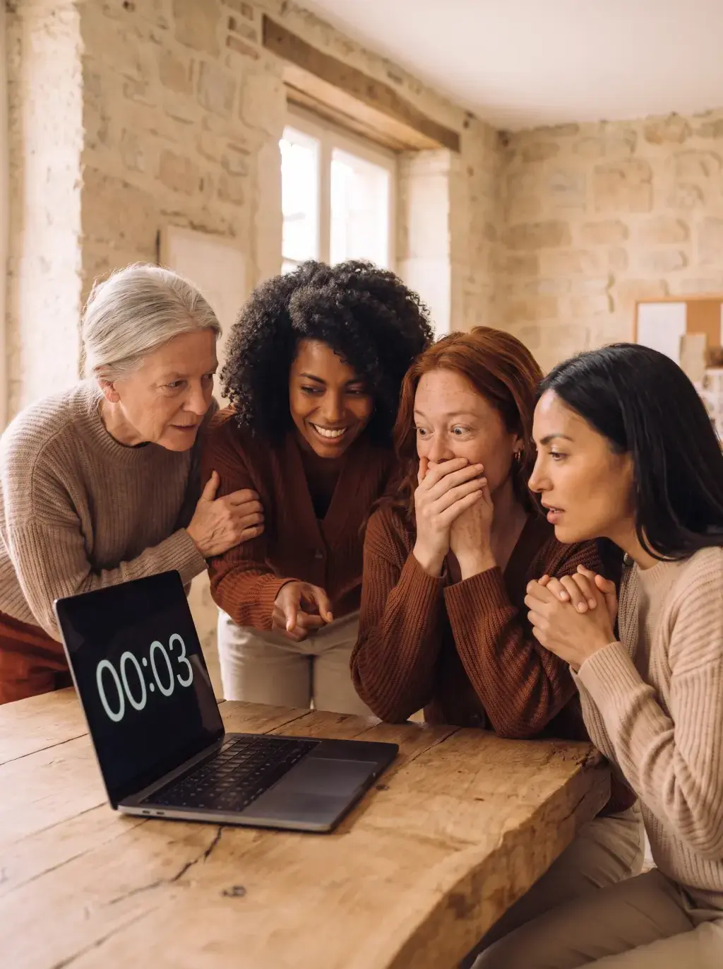 Quatre femmes retenant leur souffle devant un compte à rebours sur laptop dans leur atelier